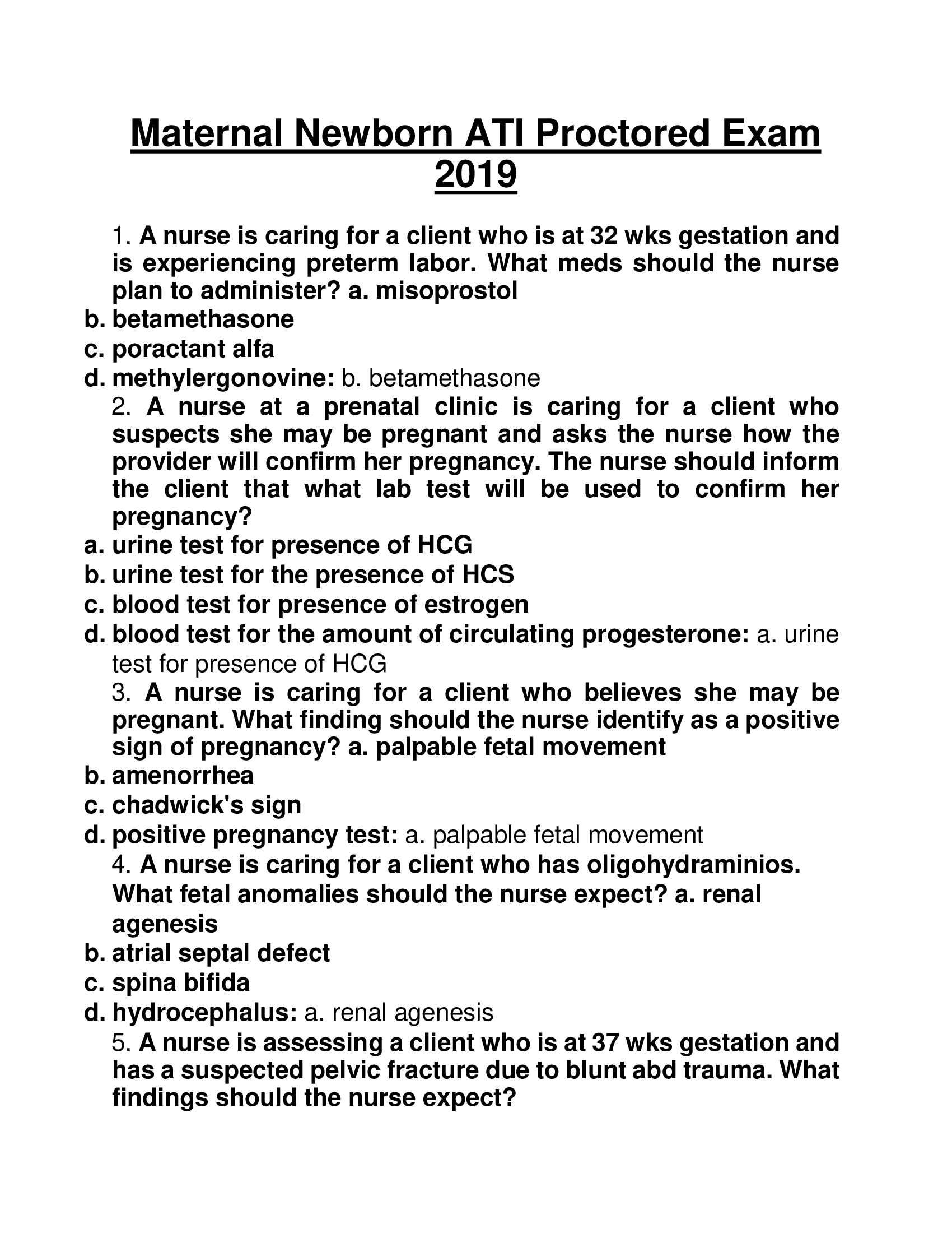 Maternal Newborn ATI Proctored Exam 2019