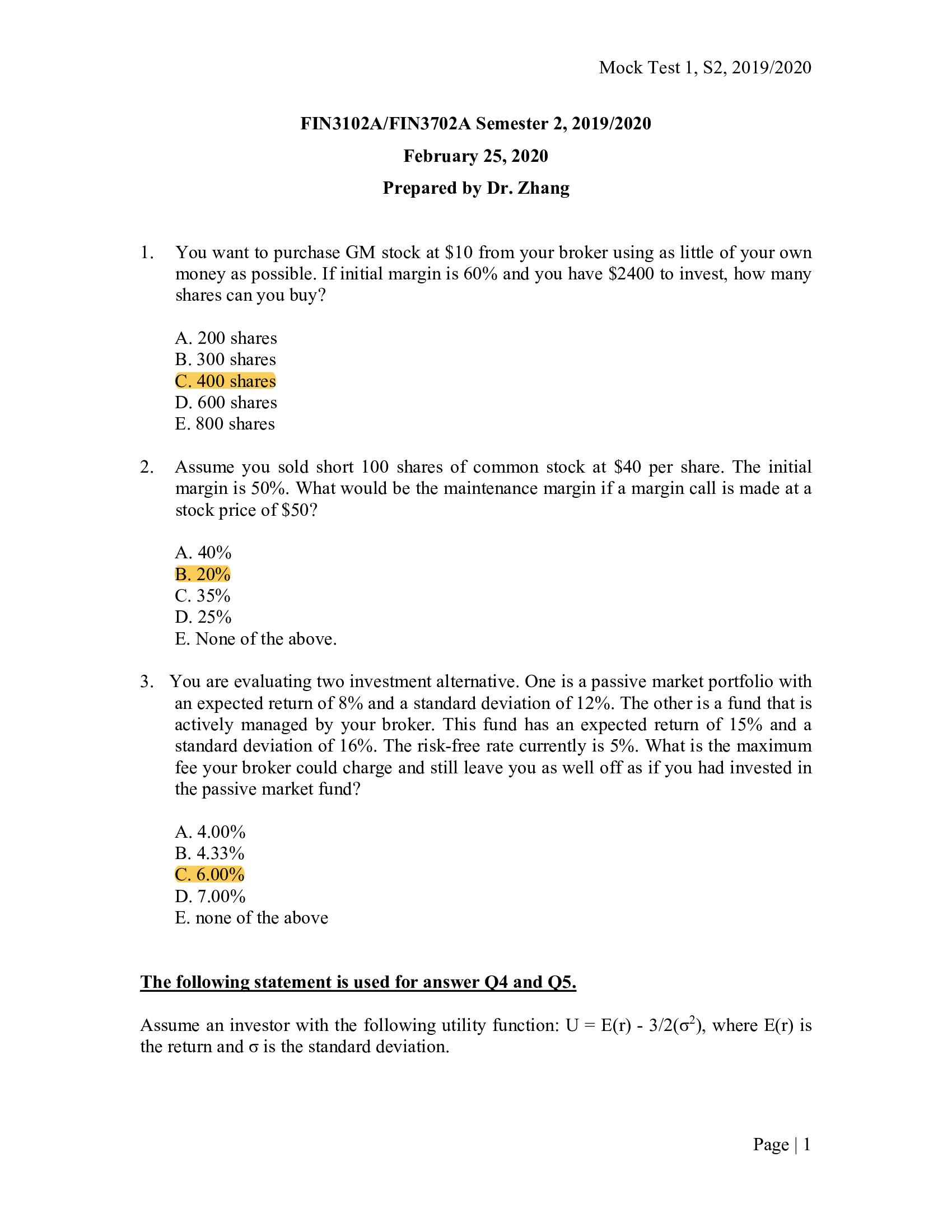 FIN3702A Semester 2 Mock Test 1, S2, 2020 2021