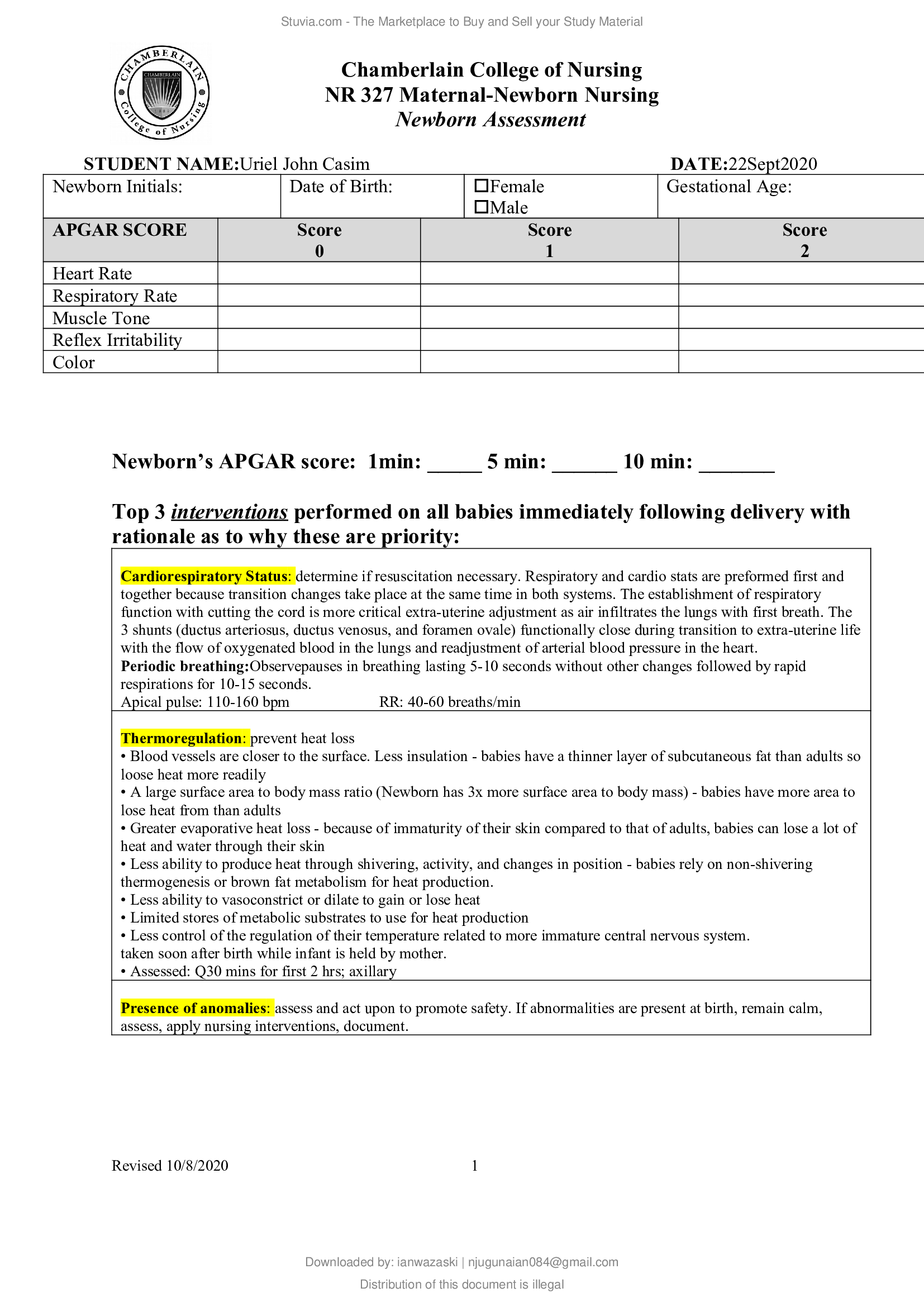 NR327 Newborn Assessment