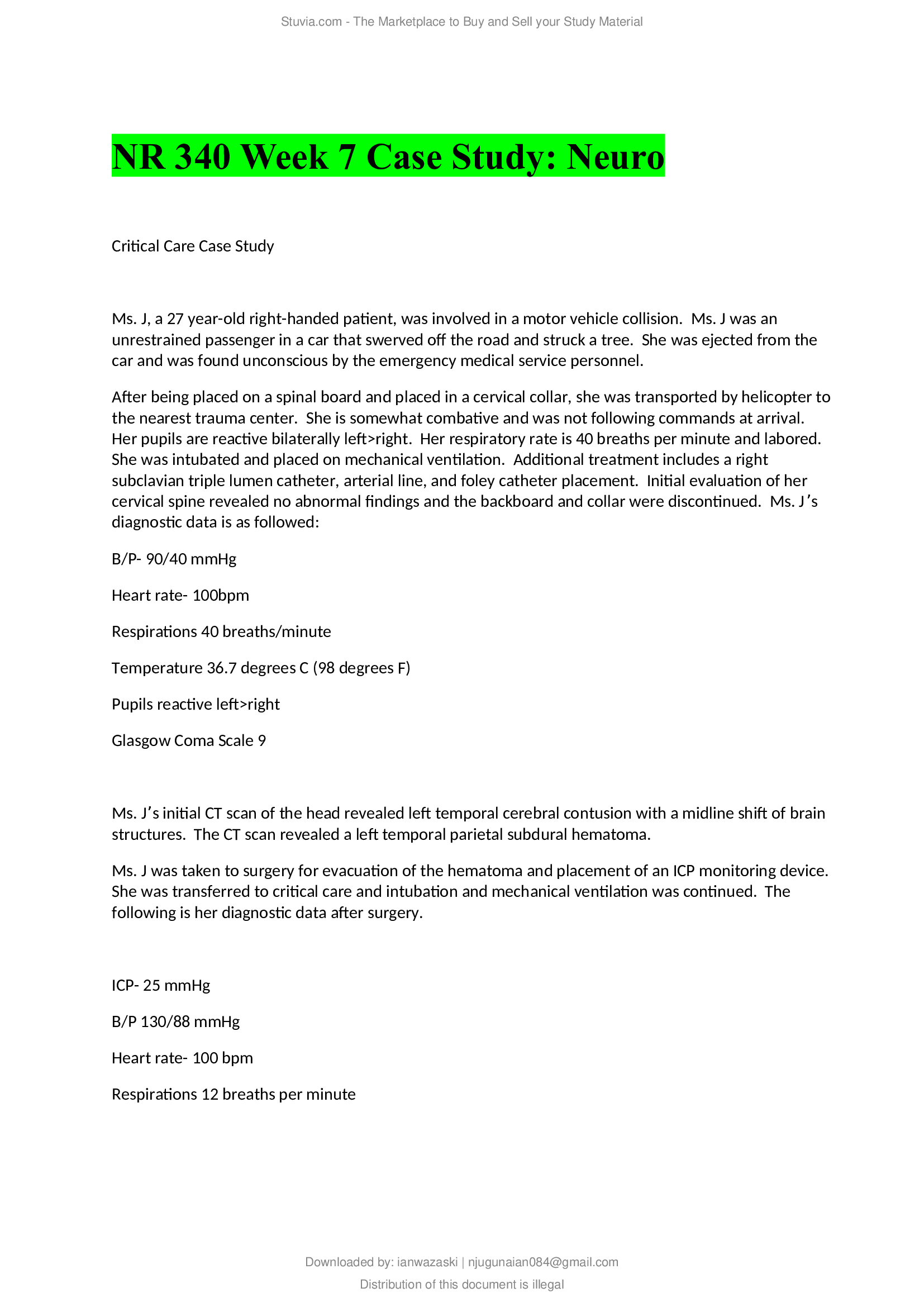 NR 340 Week 7 Case Study; Neuro