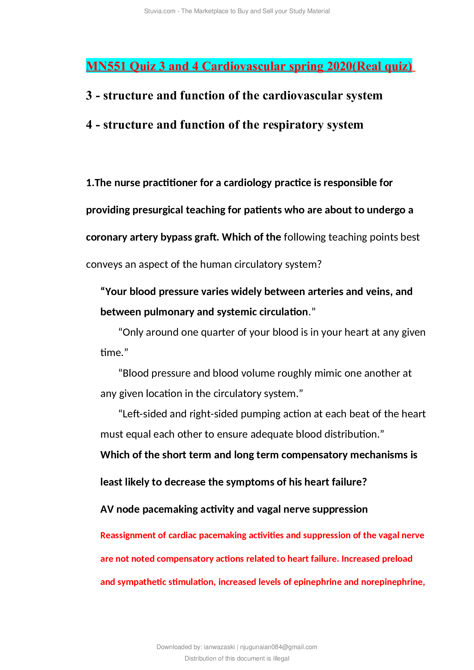 MN551 Quiz 3 and 4 Cardiovascular spring 2020(Real quiz)