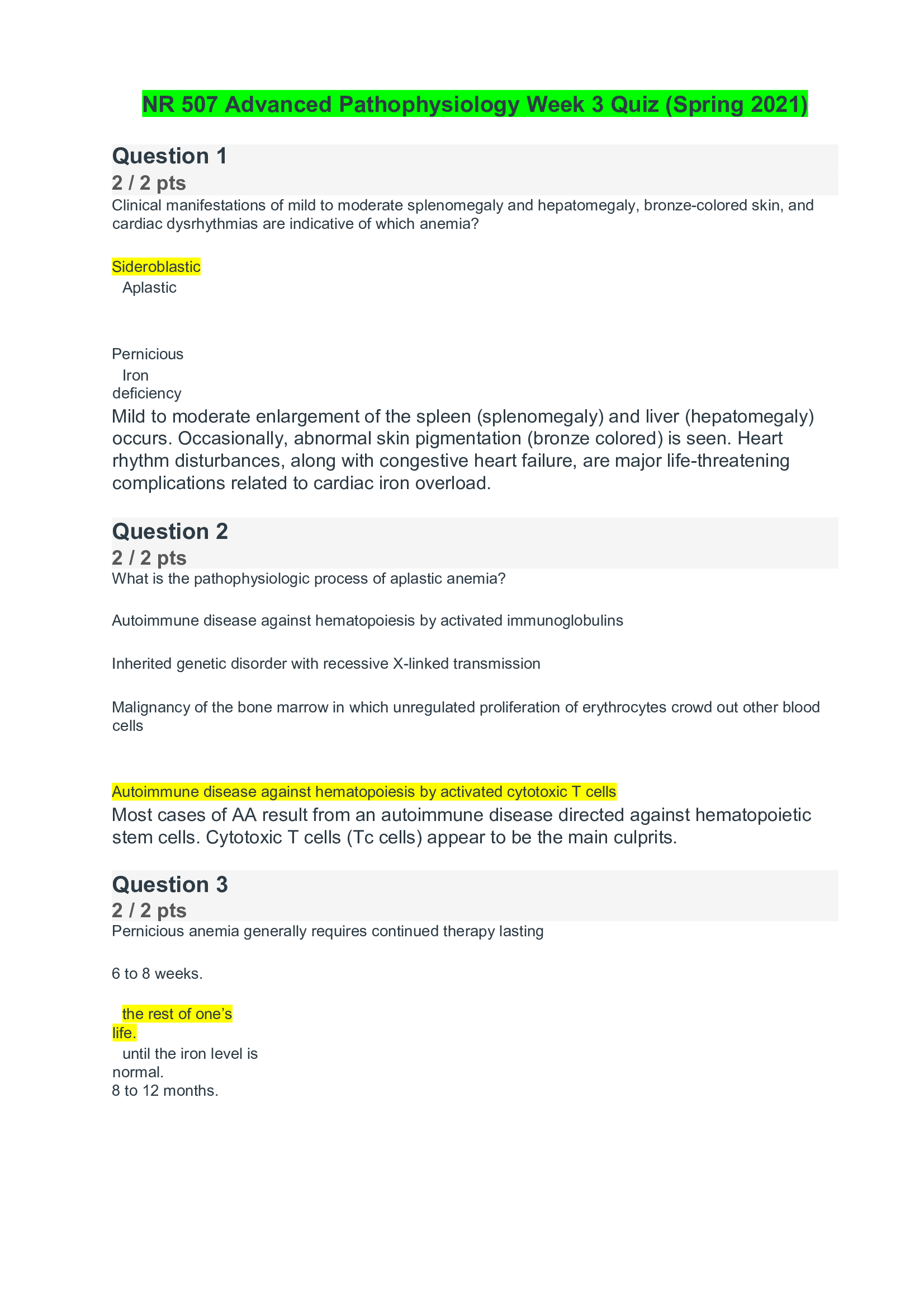NR 507 Advanced Pathophysiology Week 3 Quiz (Spring 2021)