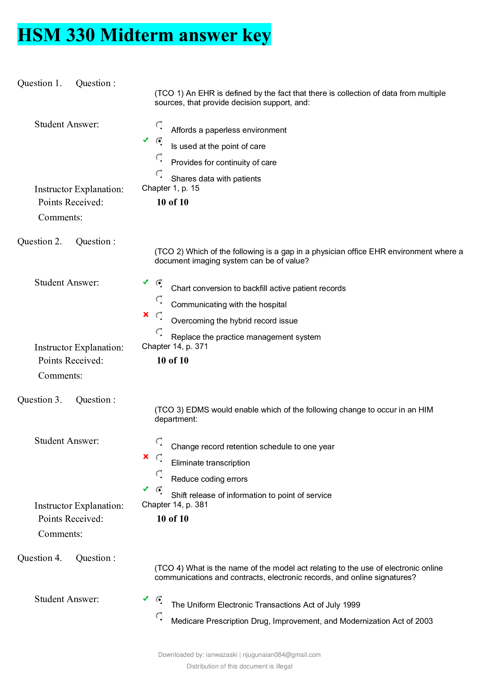 HSM 330 Midterm answer key, complete solutions;100% all correct