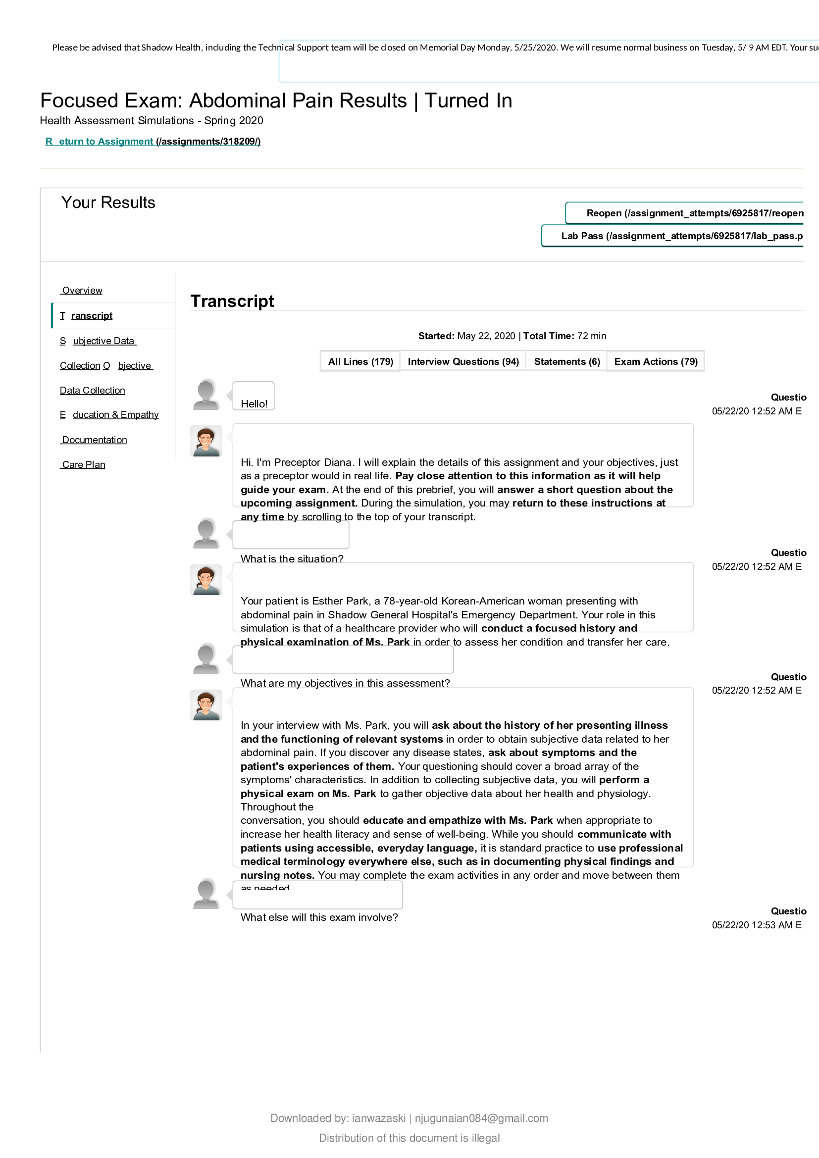 Focused Exam; Abdominal Pain , Esther Park shadow health assignment , Complete Solution, Graded A+