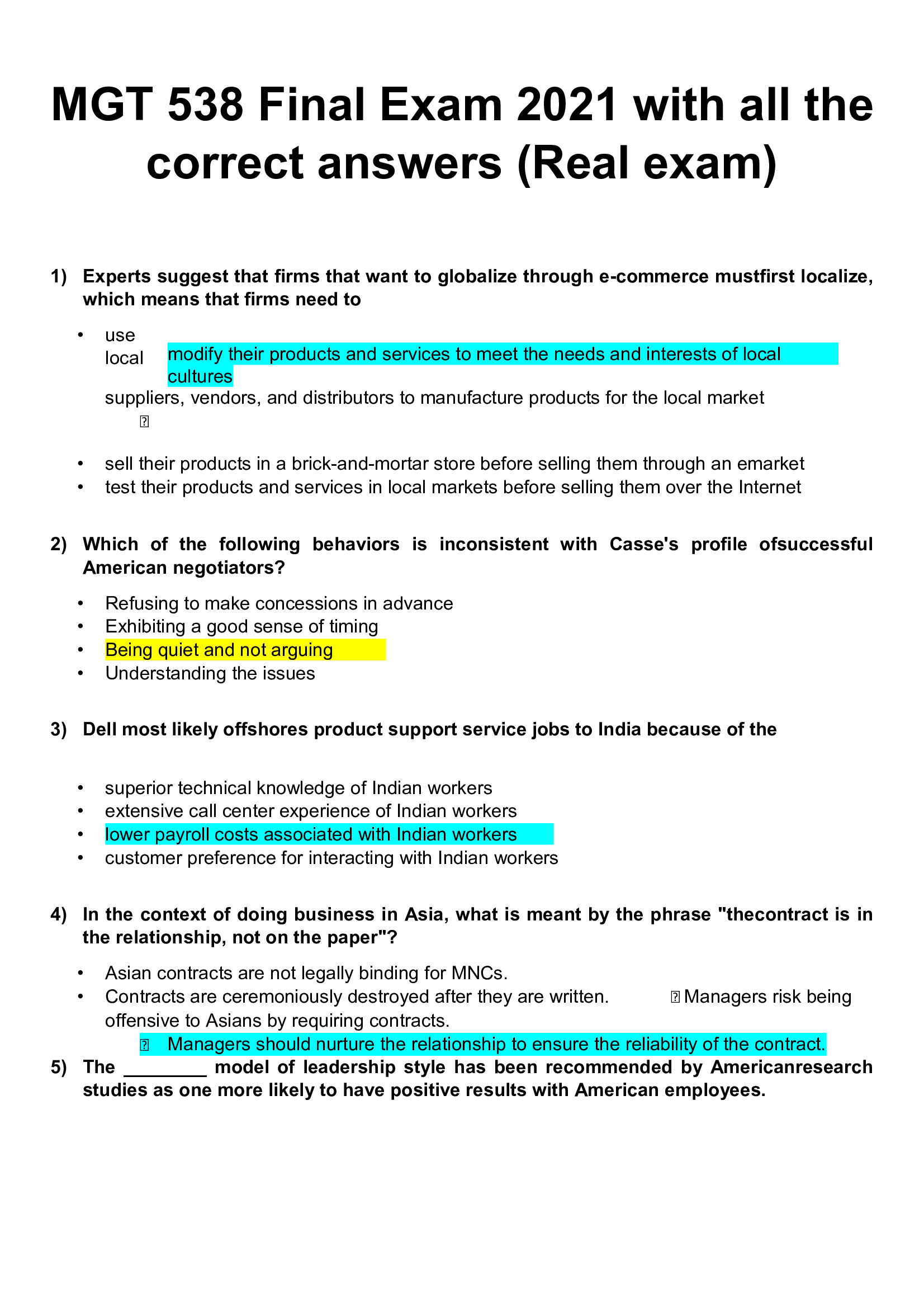 MGT 538 Final Exam 2021 with all the correct answers (Real exam)