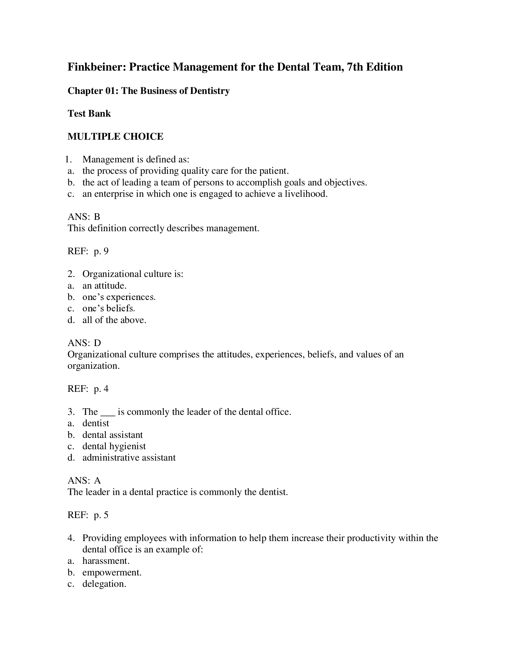 Test Bank for Practice Management for the Dental Team 7th Edition by Finkbeiner