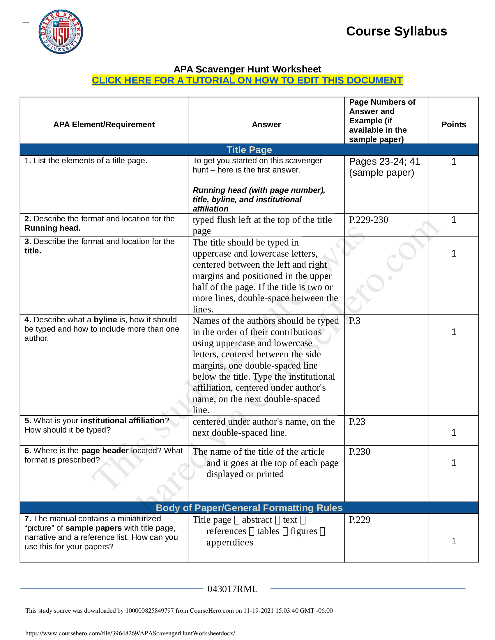 MSN - FNP 560  APA Scavenger Hunt Worksheet