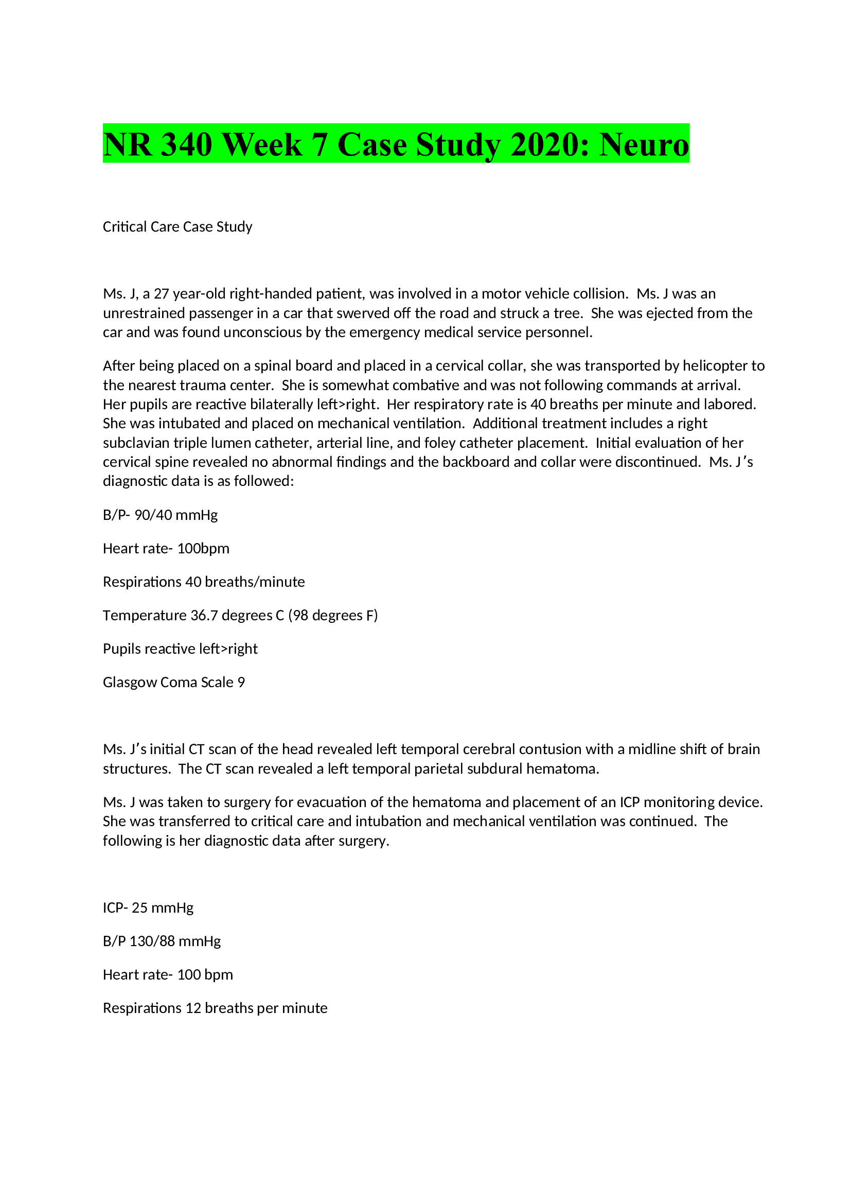 NR 340 Week 7 Case Study 2020; Neuro