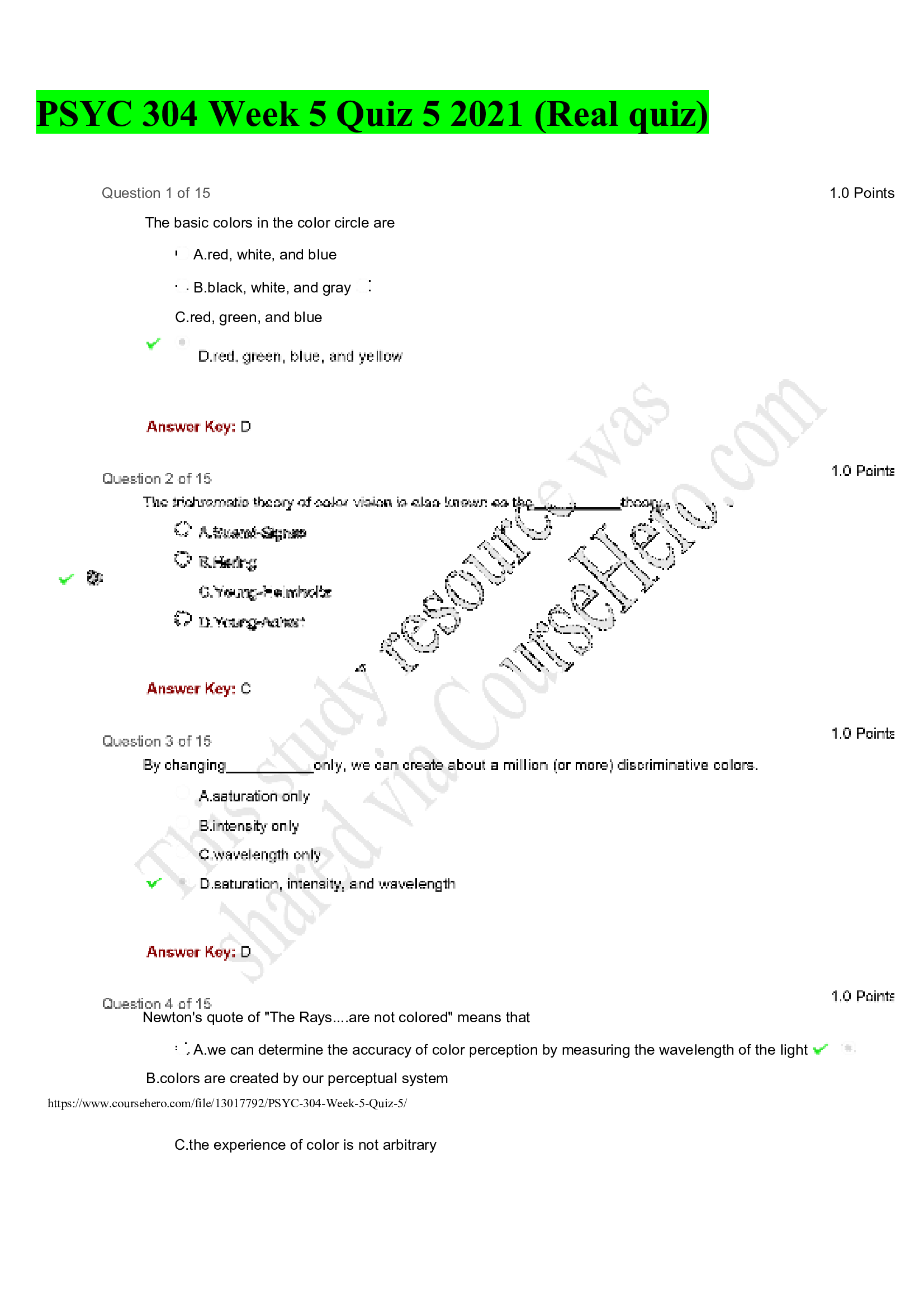 PSYC 304 Week 5 Quiz 5 2021 (Real quiz)