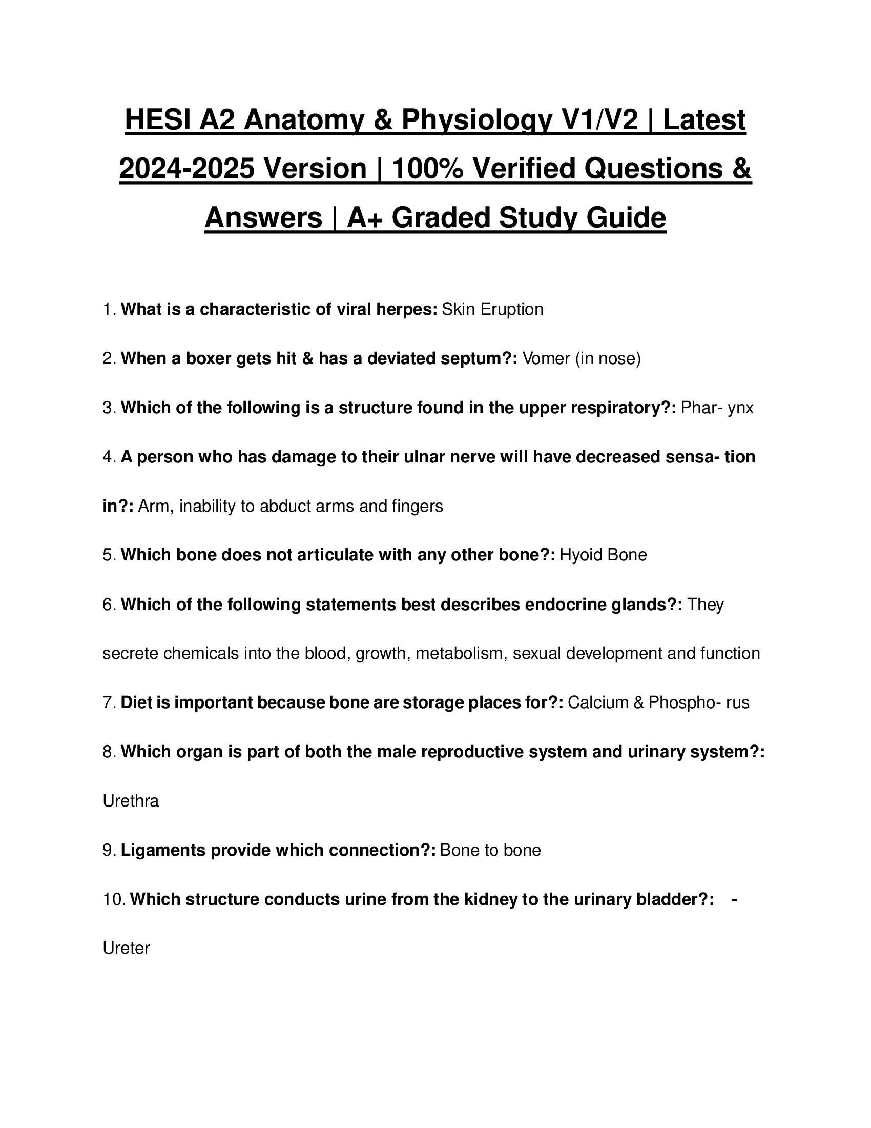2026 HESI A2 Anatomy & Physiology V1/V2 | Latest 2026-2026 Version | 100% Verified Questions & Answers | A+ Graded Study Guide