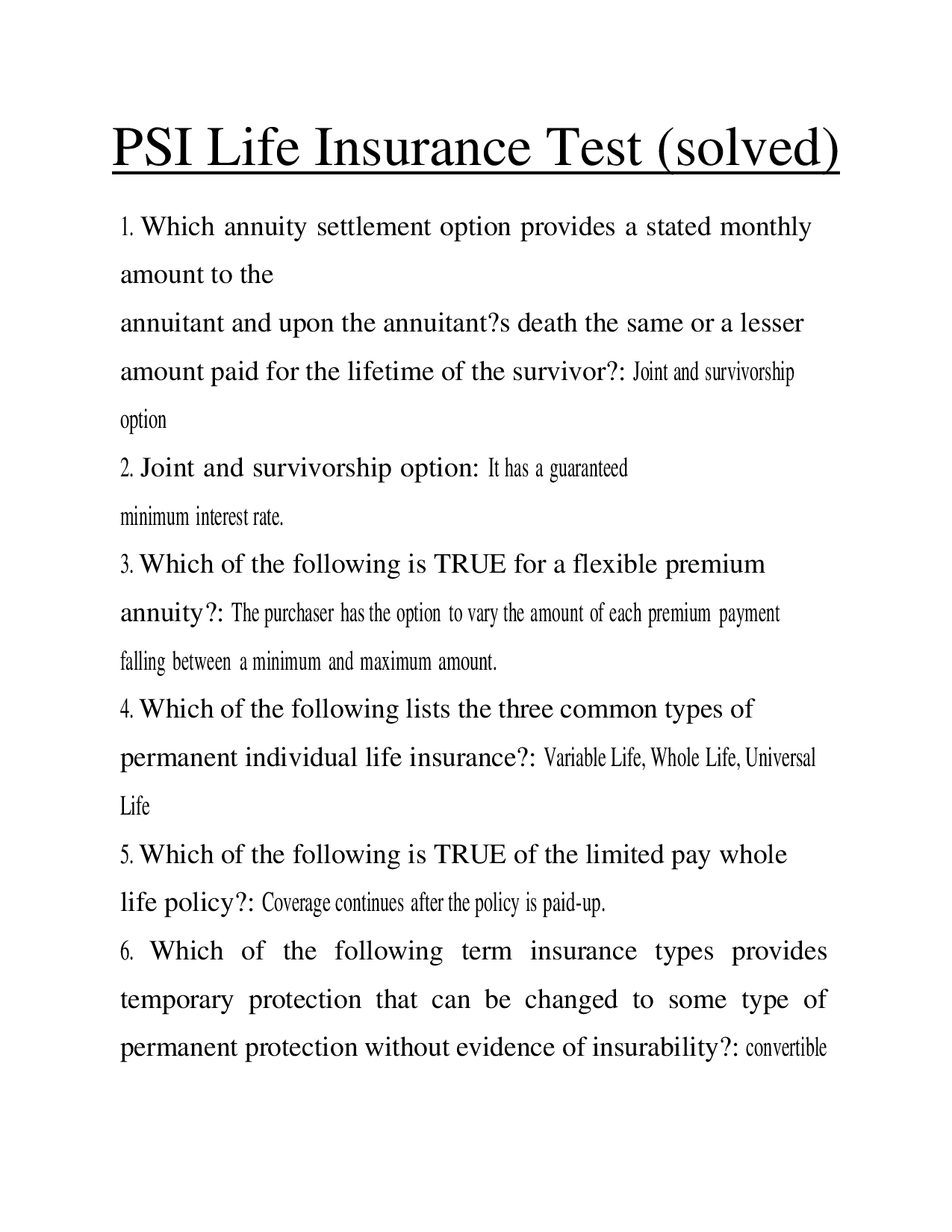 PSI Life Insurance Test (solved) Questions and Answers 2026