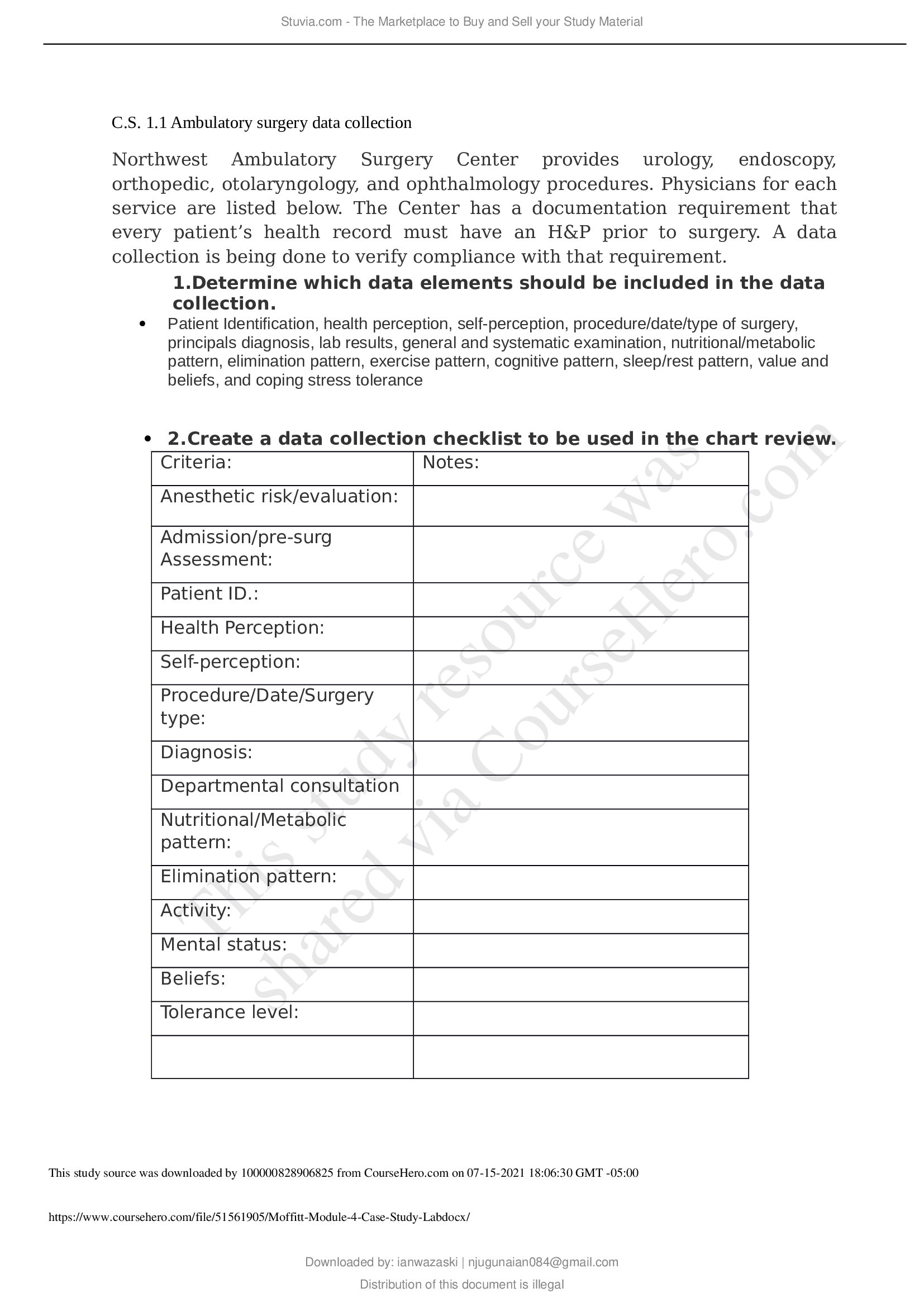 HIIT 101 Moffitt Module 4 Case Study Lab;C.S. 1.1 Ambulatory surgery data collection