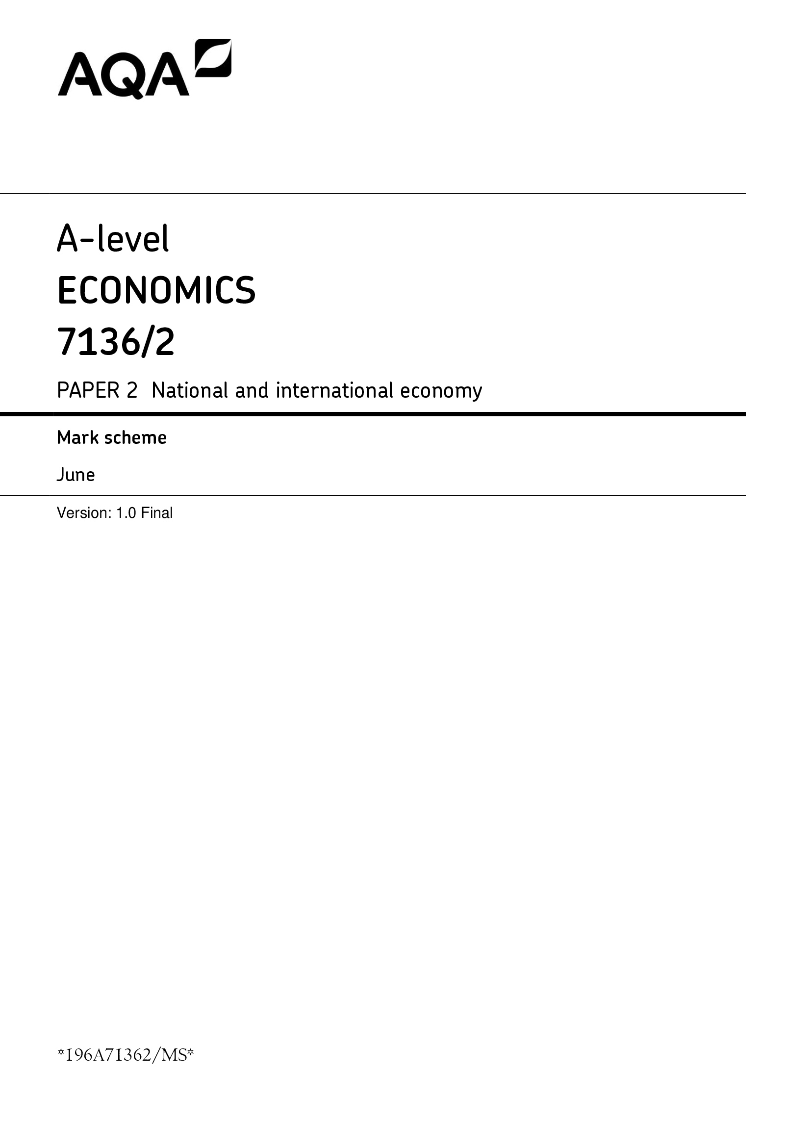 A-level ECONOMICS 71362 PAPER 2 National and international economy Mark Scheme