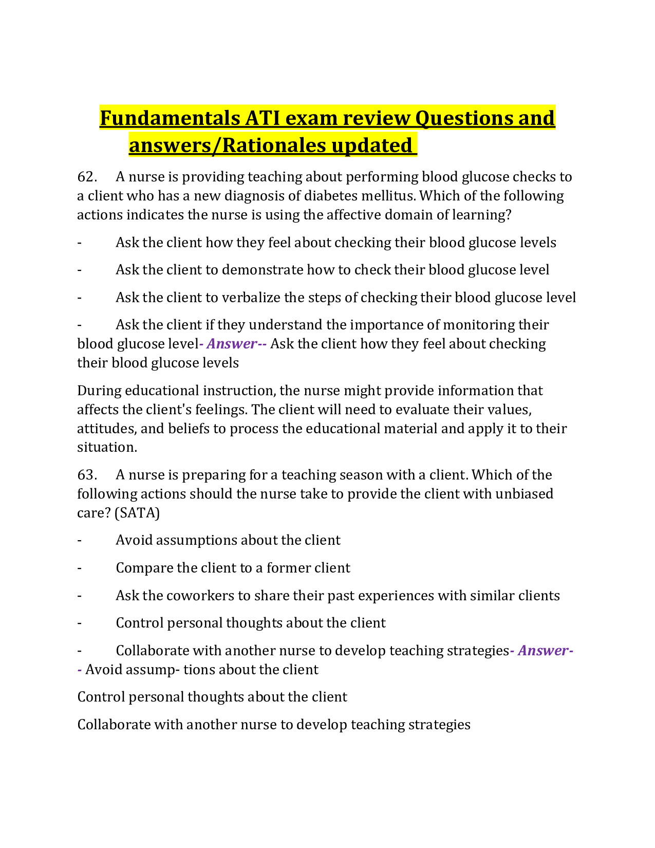 Fundamentals ATI Exam – Complete Review Questions, Answers & Rationales (2026 Update)