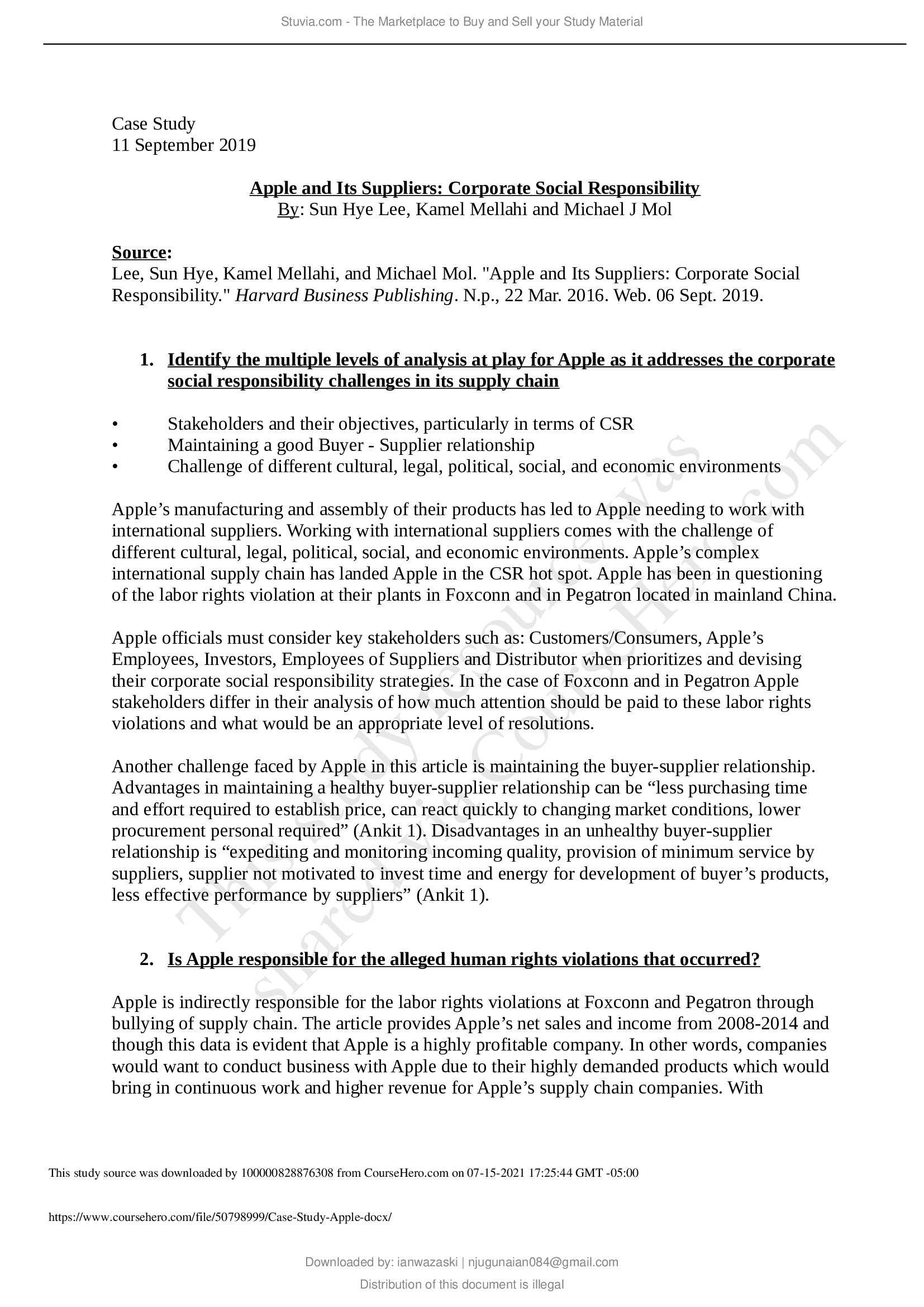 BUSINESS 682 Case Study Apple; Apple and Its Suppliers; Corporate Social Responsibility