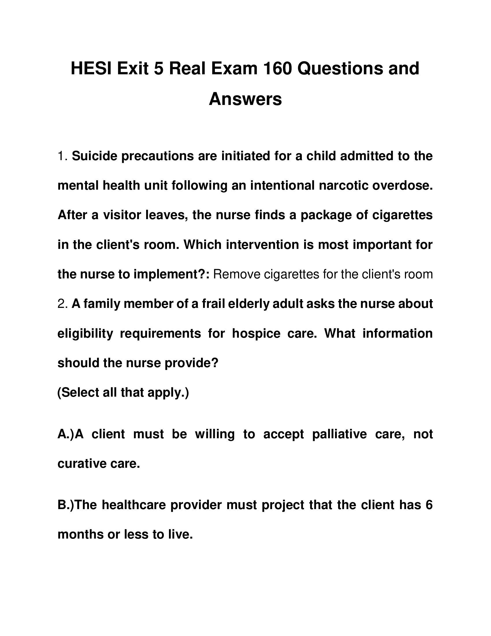 HESI Exit 5 Real Exam 160 Questions and Answers