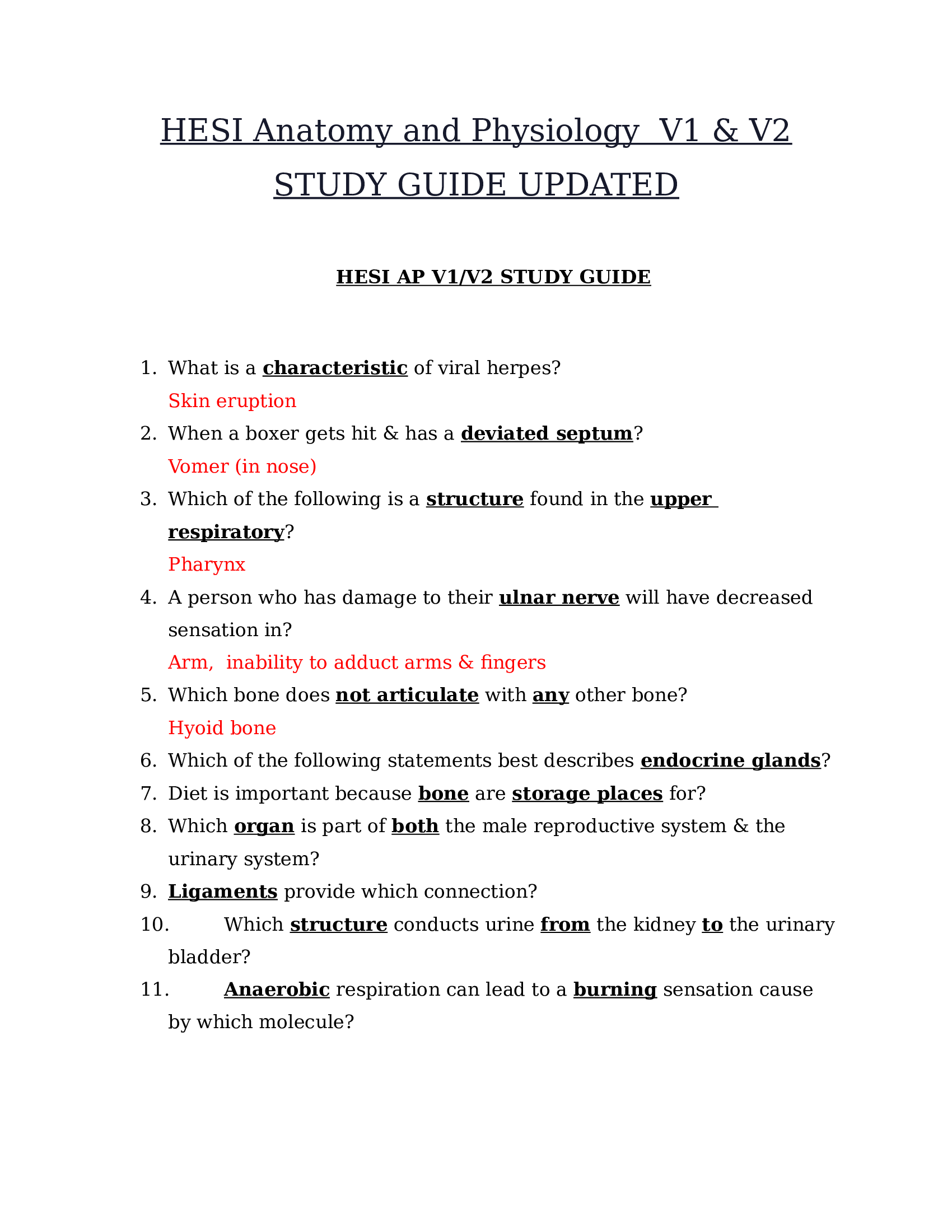 HESI A2 Anatomy & Physiology V1 & V2 Study Guide | 2026 Updated | Verified Questions & Answers | Exam-Ready Prep