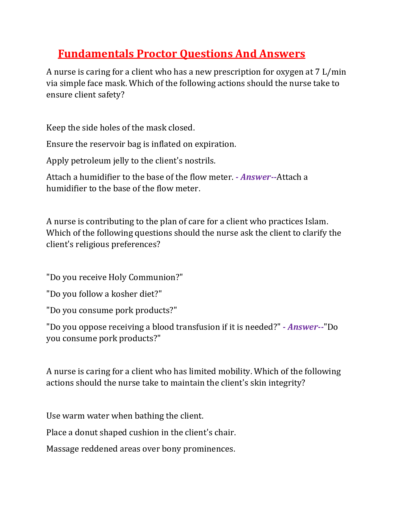 Fundamentals Nursing Proctor Q&A Study Guide 2026 – Complete Practice Questions with Correct Answers & Explanations