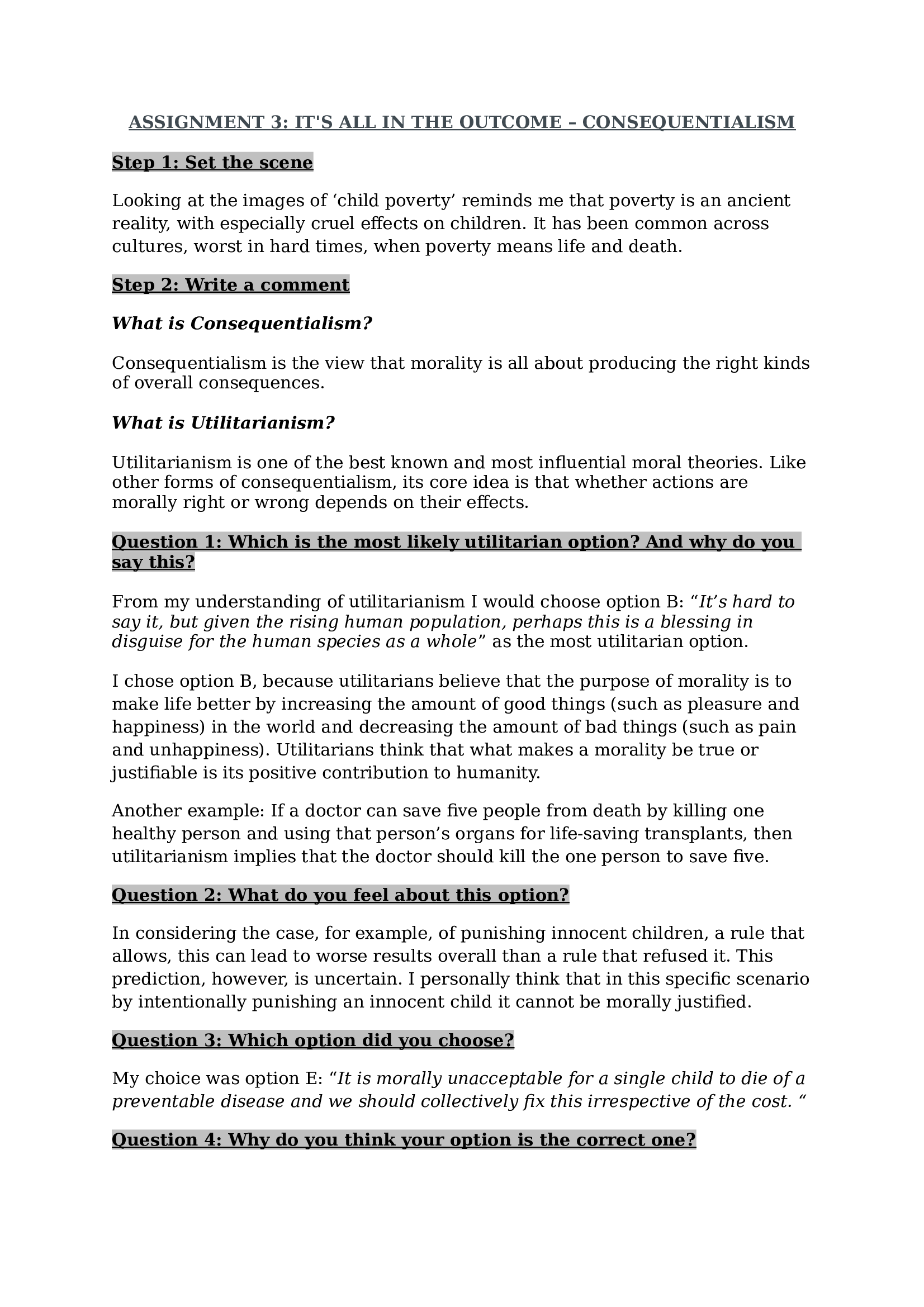 SUS1501 ASSIGNMENT 3 ITS ALL IN THE OUTCOME – CONSEQUENTIALISM LATEST