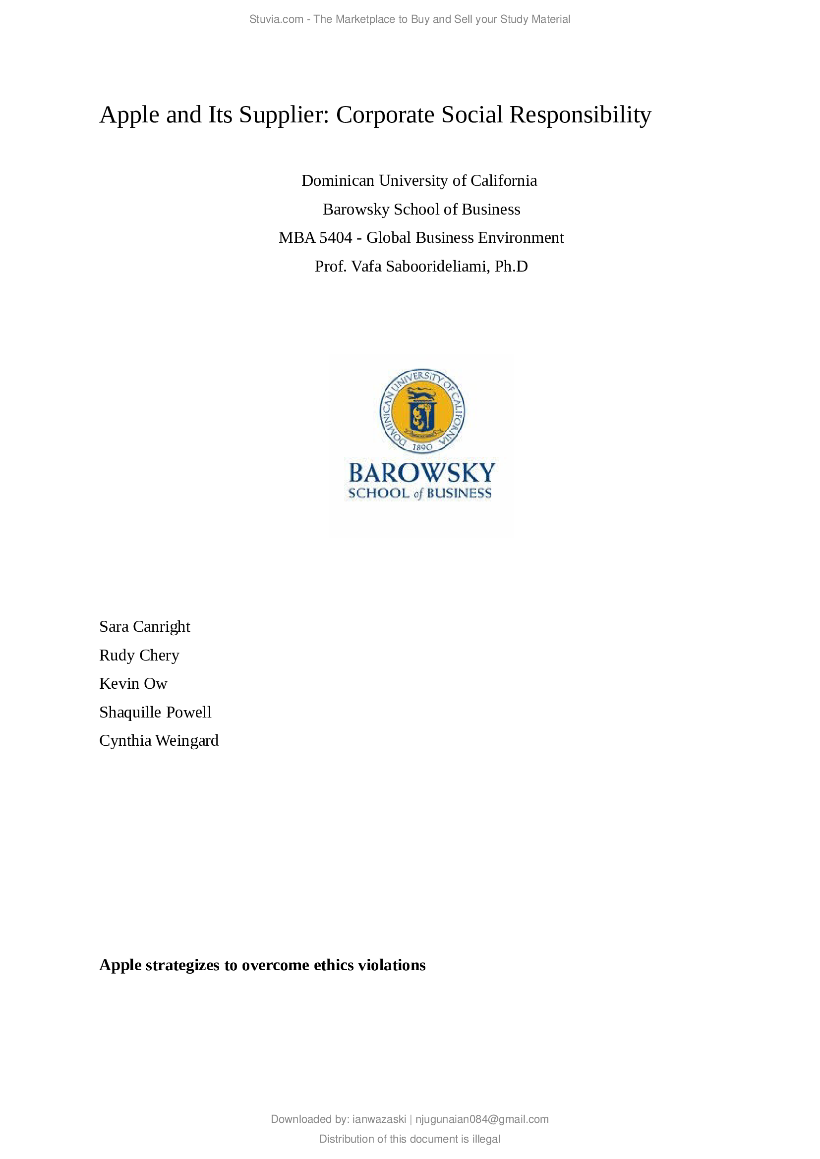 MBA 5404 Apple Case Study Paper with complete solution