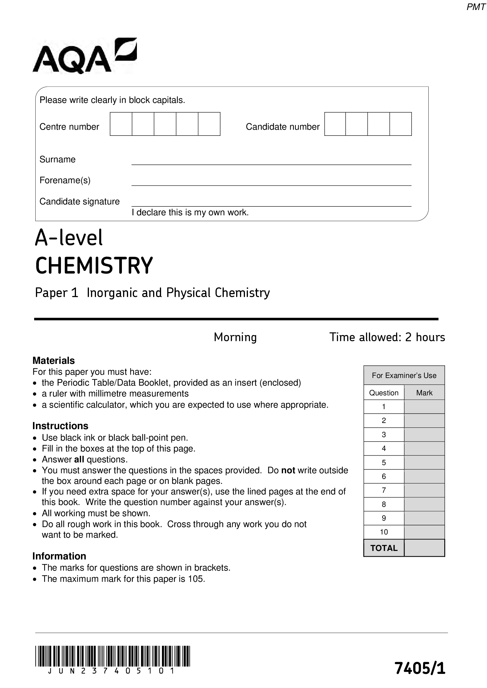 Actual June 2026 AQA A level Chemistry Paper 1 7405,1 Inorganic and Physical Chemistry Merged Question Paper + Marking Scheme