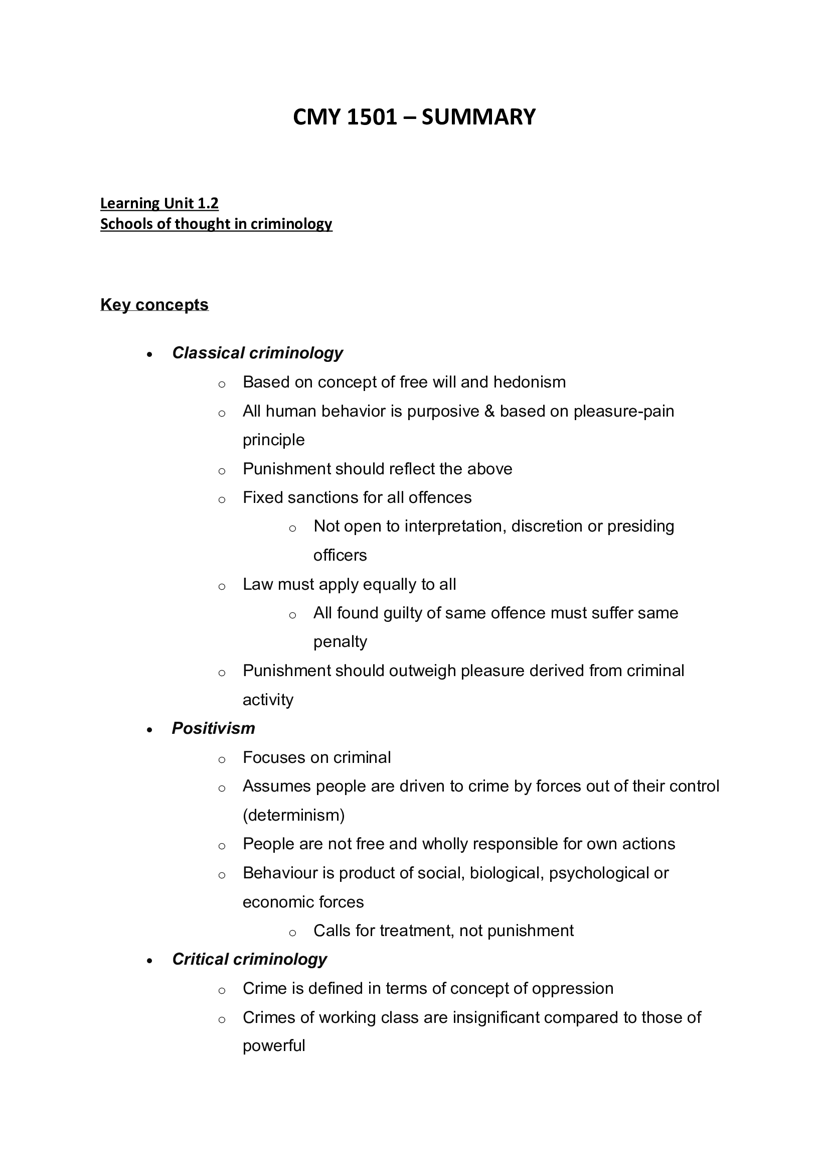 CMY 1501 Learning Unit 1 Summary Notes for Schools of Thought in Criminology