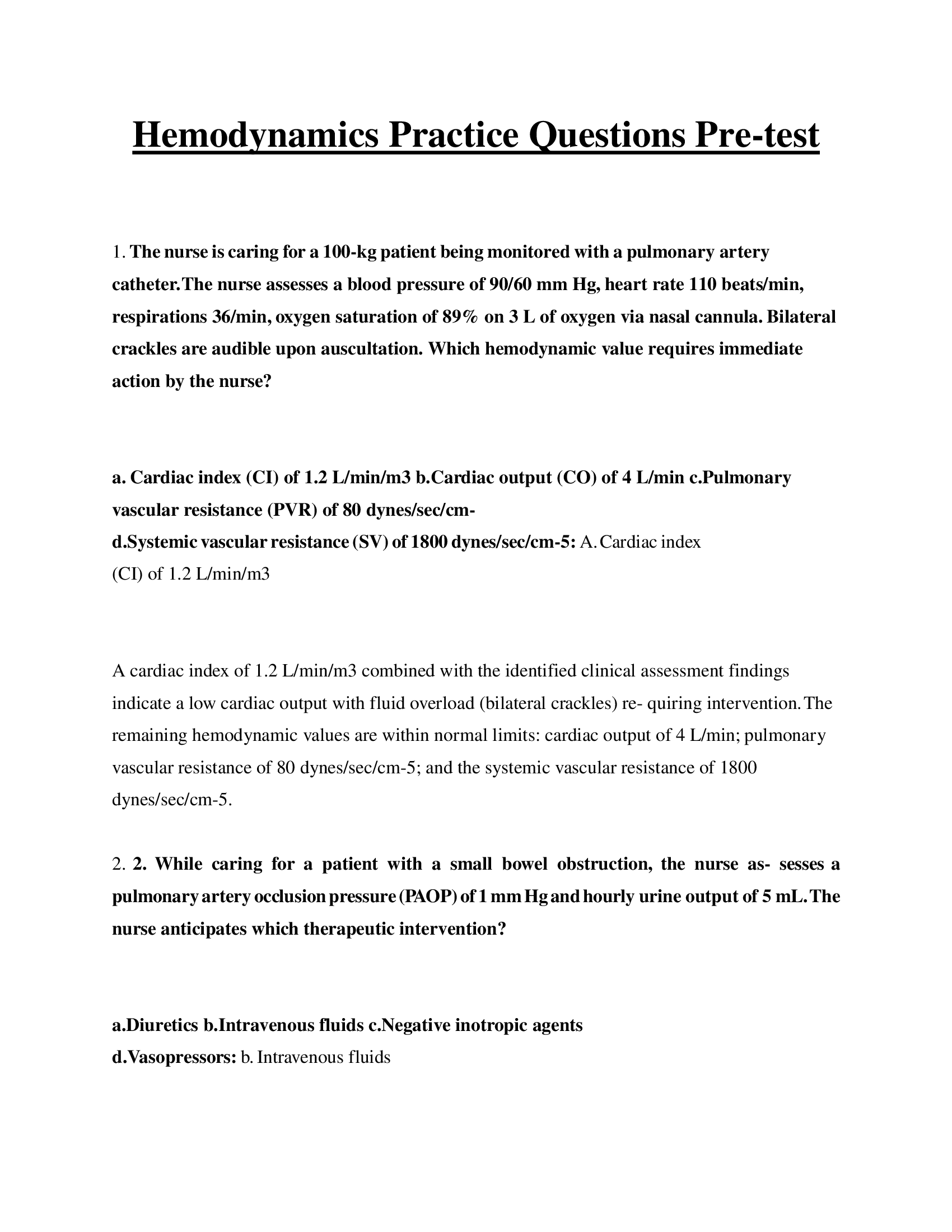 Hemodynamics Practice Questions Pre-test 2023 questions and answers