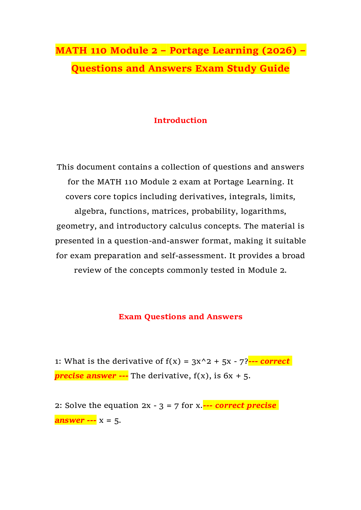 MATH 110 Module 2 – Portage Learning (2026) – Questions and Answers Exam Study Guide