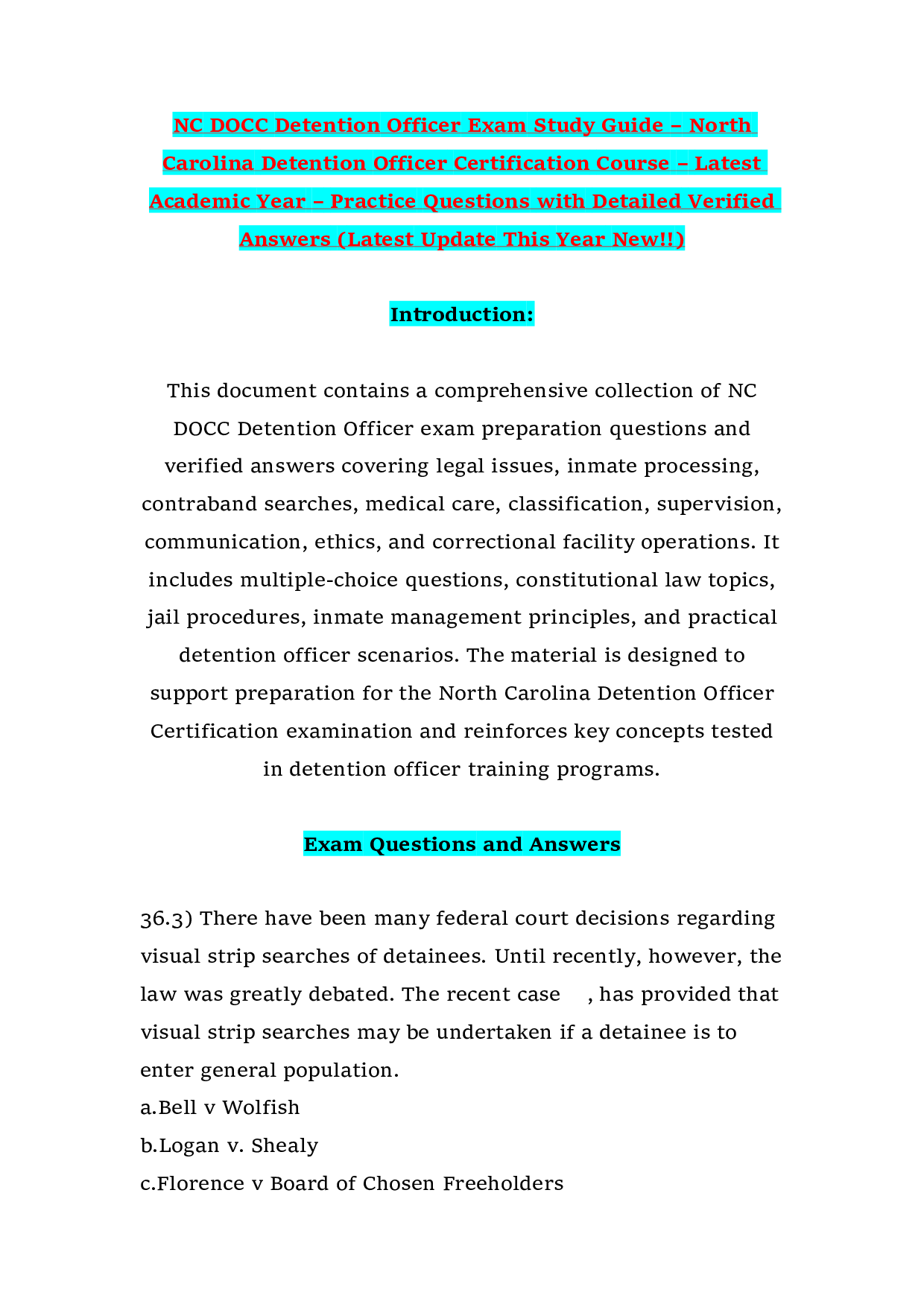 NC DOCC Detention Officer Exam Study Guide – North Carolina Detention Officer Certification Course – Latest Academic Year – Practice Questions with Detailed Verified Answers