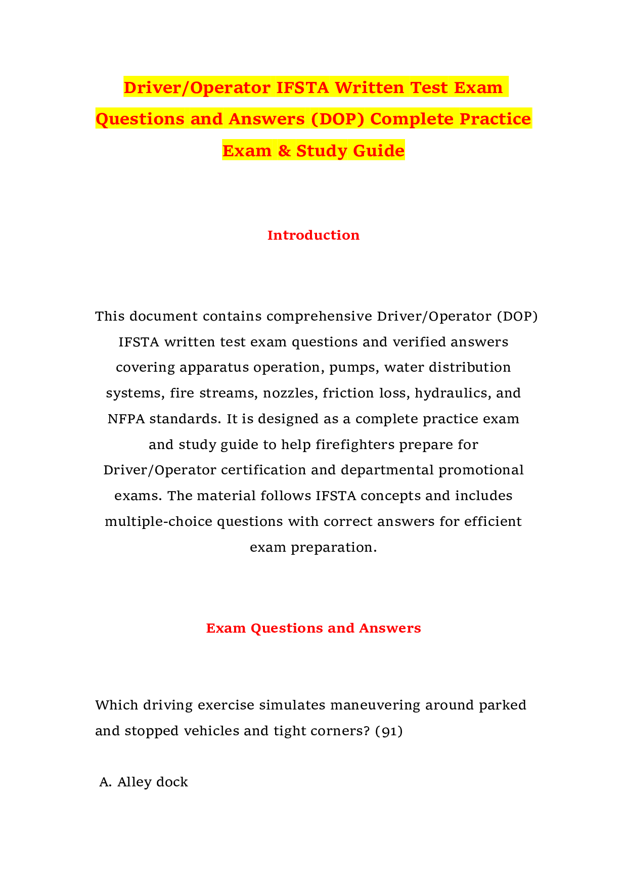 Driver/Operator IFSTA Written Test Exam Questions and Answers (DOP) Complete Practice Exam & Study Guide