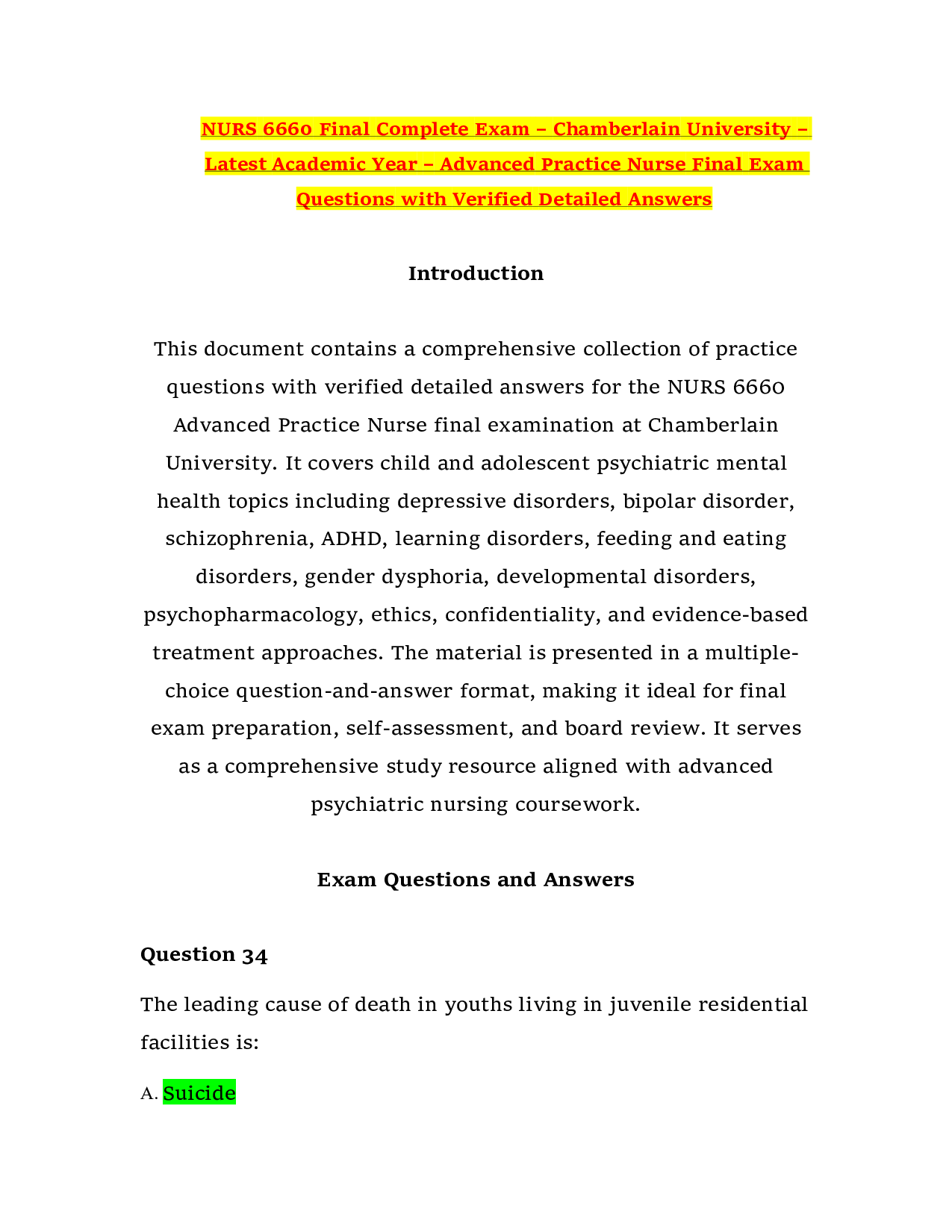 NURS 6660 Final Complete Exam – Chamberlain University – Latest Academic Year – Advanced Practice Nurse Final Exam Questions with Verified Detailed Answers