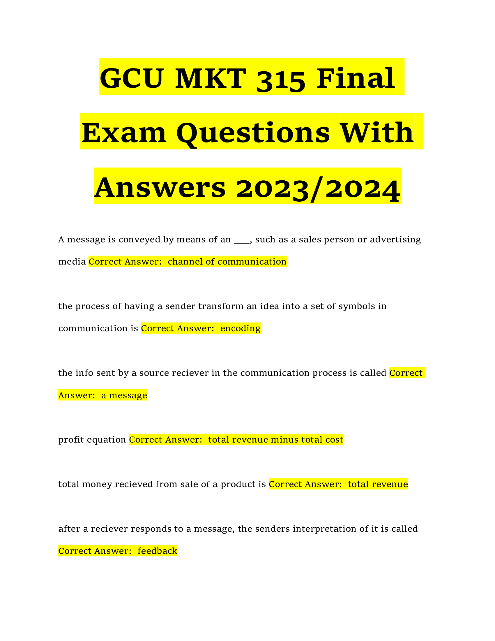 GCU MKT 315 Final Exam Questions With Answers 2023, 2024