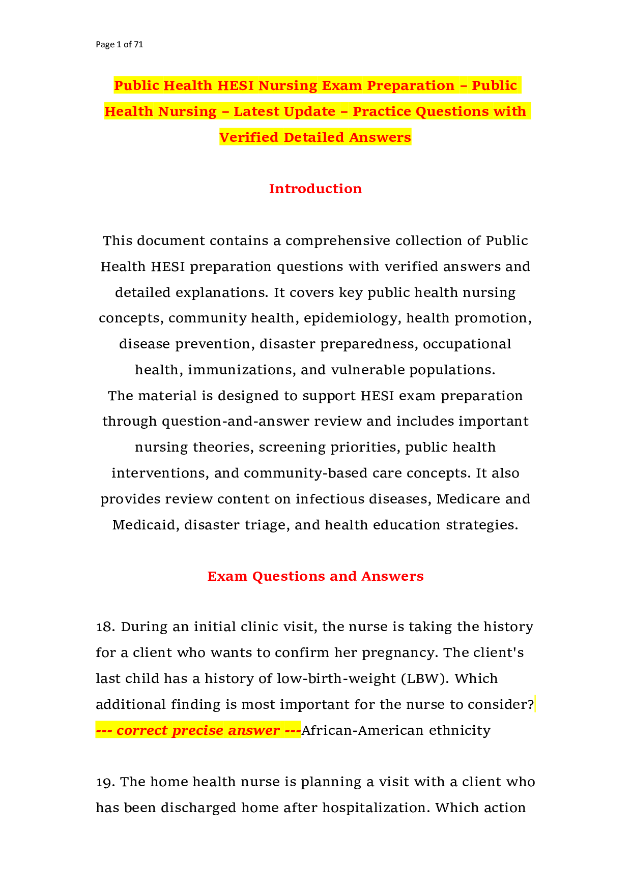 Public Health HESI Nursing Exam Preparation – Public Health Nursing – Latest Update – Practice Questions with Verified Detailed Answers