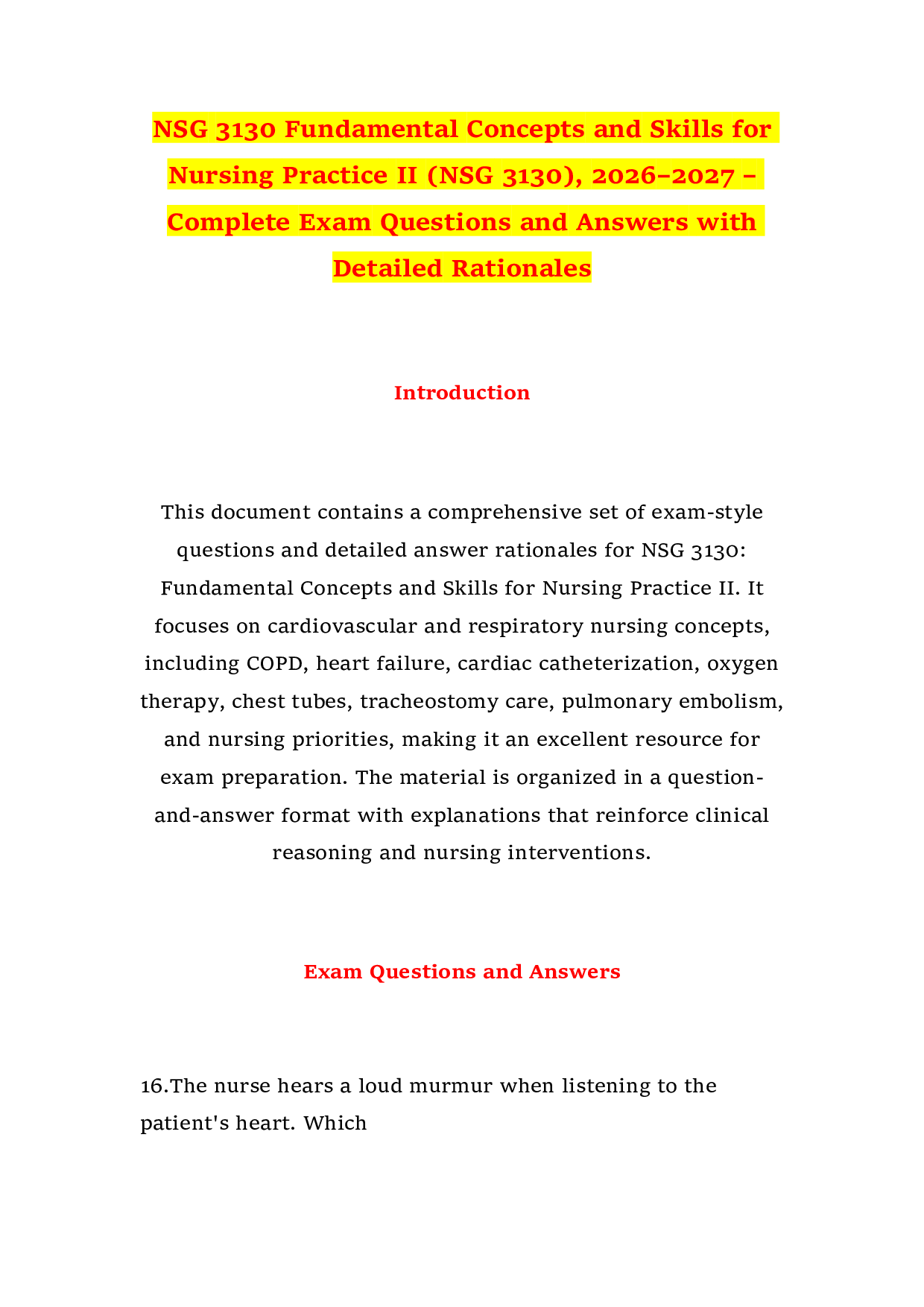 NSG 3130 Fundamental Concepts and Skills for Nursing Practice II (NSG 3130), 2026–2027 – Complete Exam Questions and Answers with Detailed Rationales
