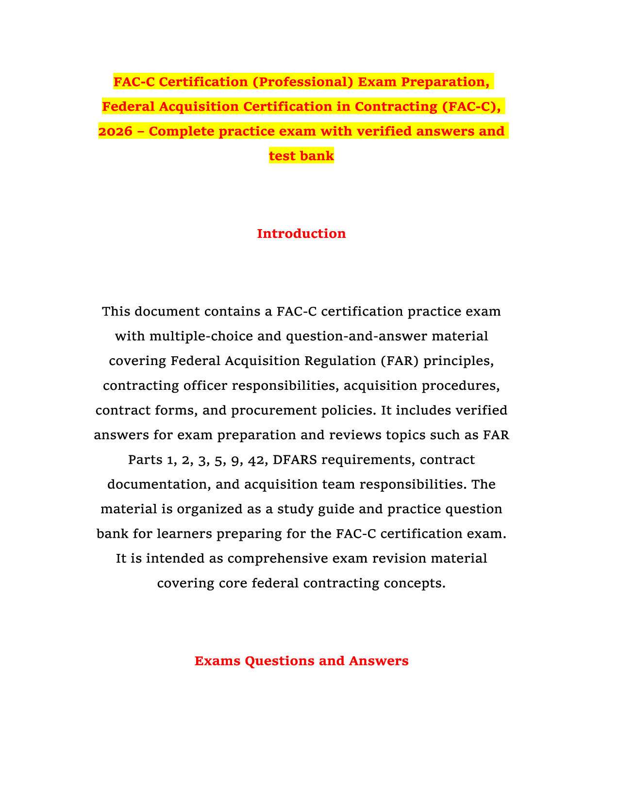 FAC-C Certification (Professional) Exam Preparation, Federal Acquisition Certification in Contracting (FAC-C), 2026 – Complete practice exam with verified answers and test bank