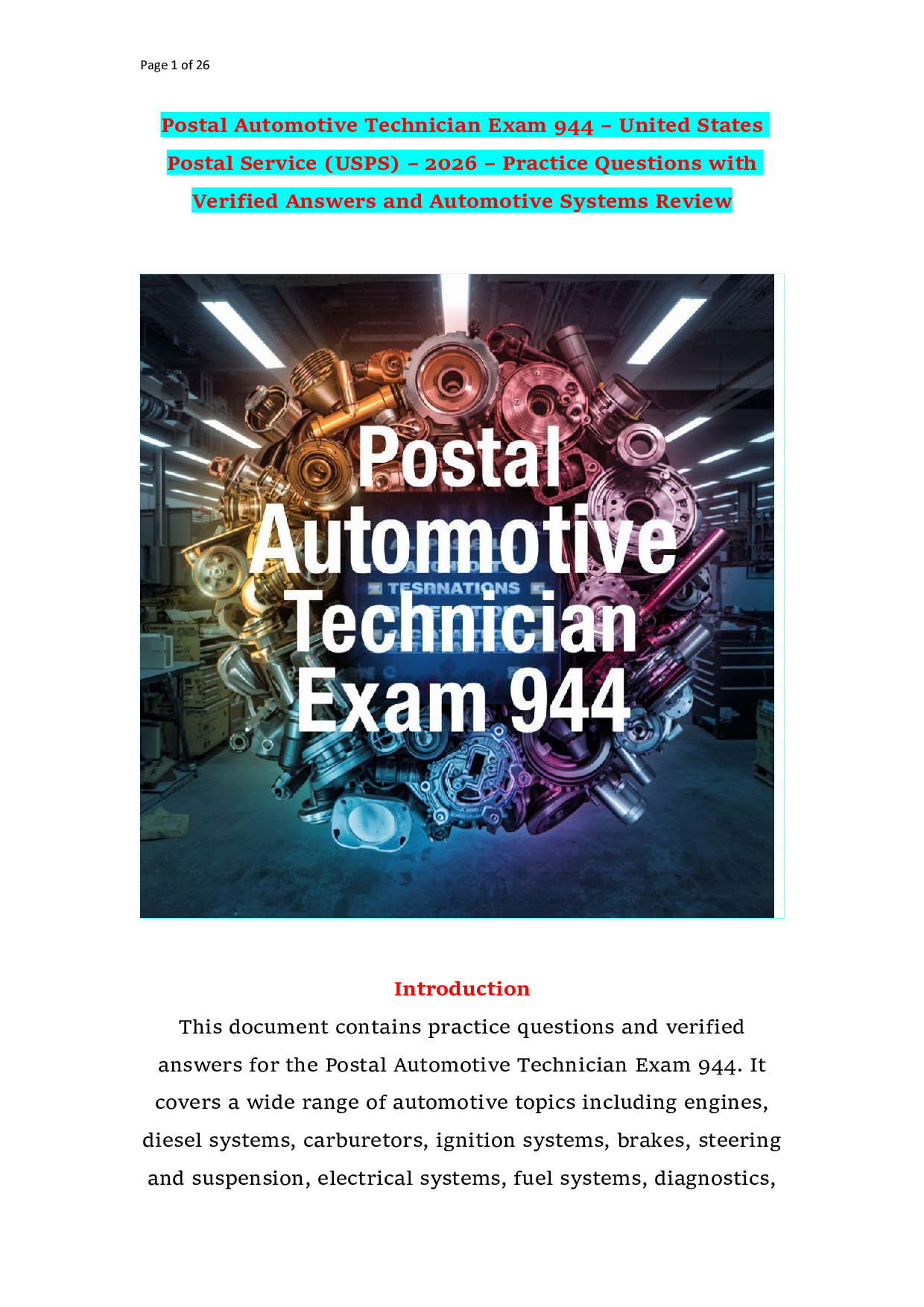 Postal Automotive Technician Exam 944 – United States Postal Service (USPS) – 2026 – Practice Questions with Verified Answers and Automotive Systems Review