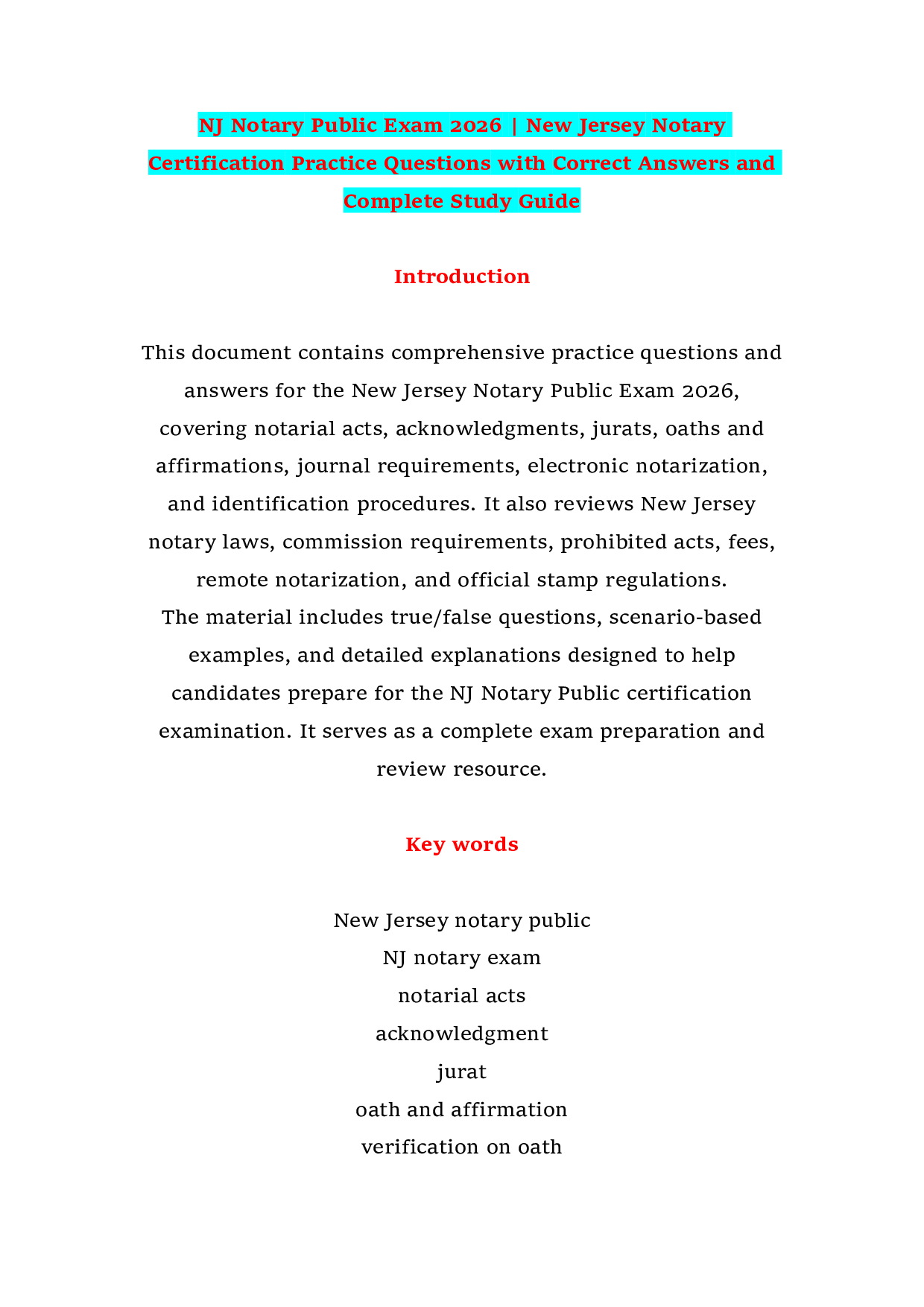 NJ Notary Public Exam 2026 | New Jersey Notary Certification Practice Questions with Correct Answers and Complete Study Guide