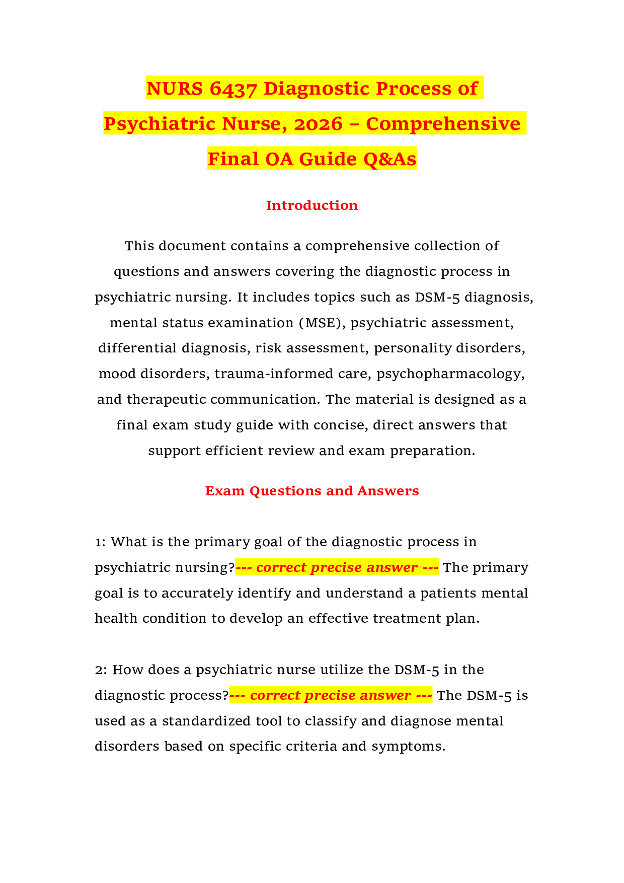 NURS 6437 Diagnostic Process of Psychiatric Nurse, 2026 – Comprehensive Final OA Guide Q&As