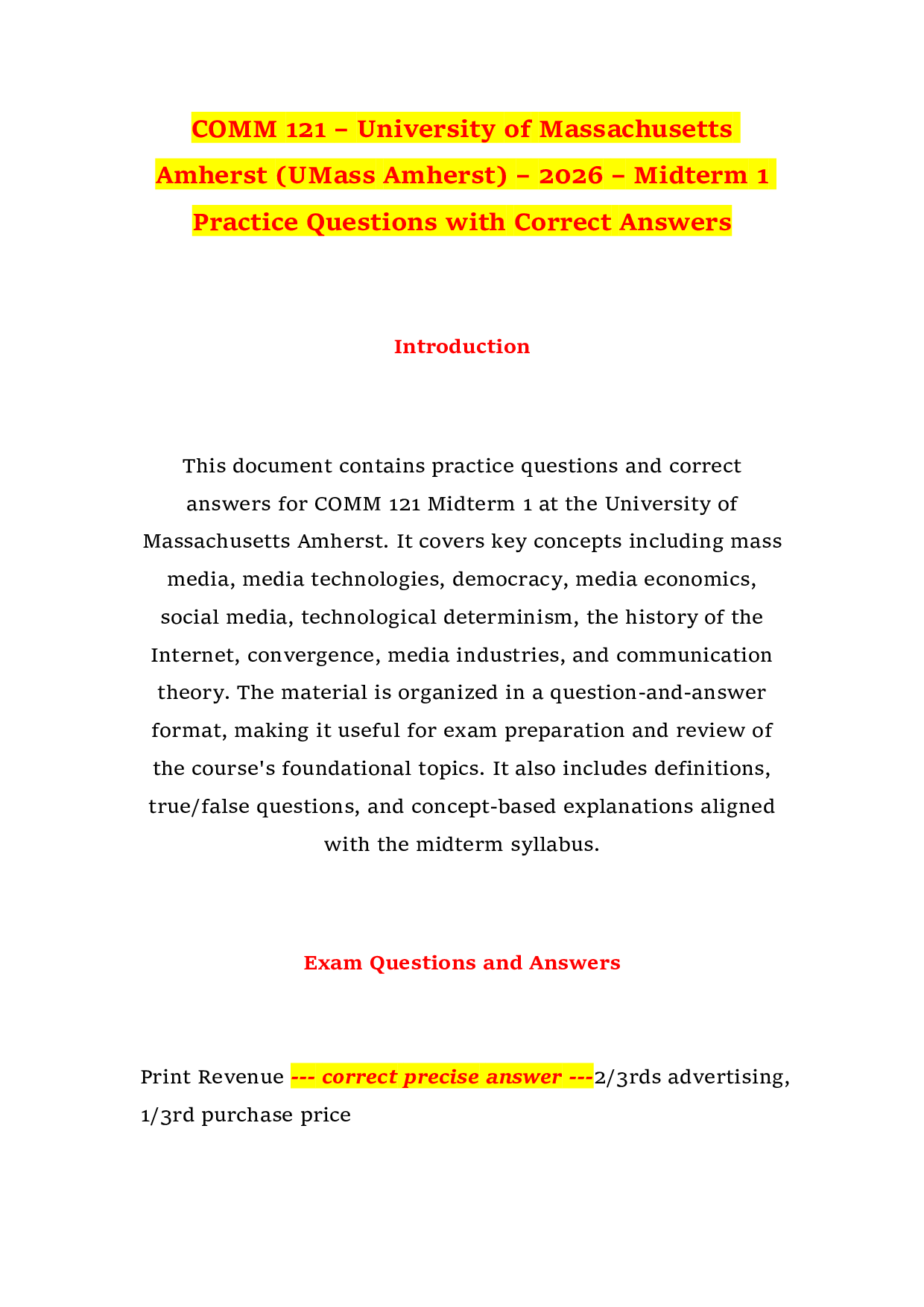 COMM 121 – University of Massachusetts Amherst (UMass Amherst) – 2026 – Midterm 1 Practice Questions with Correct Answers