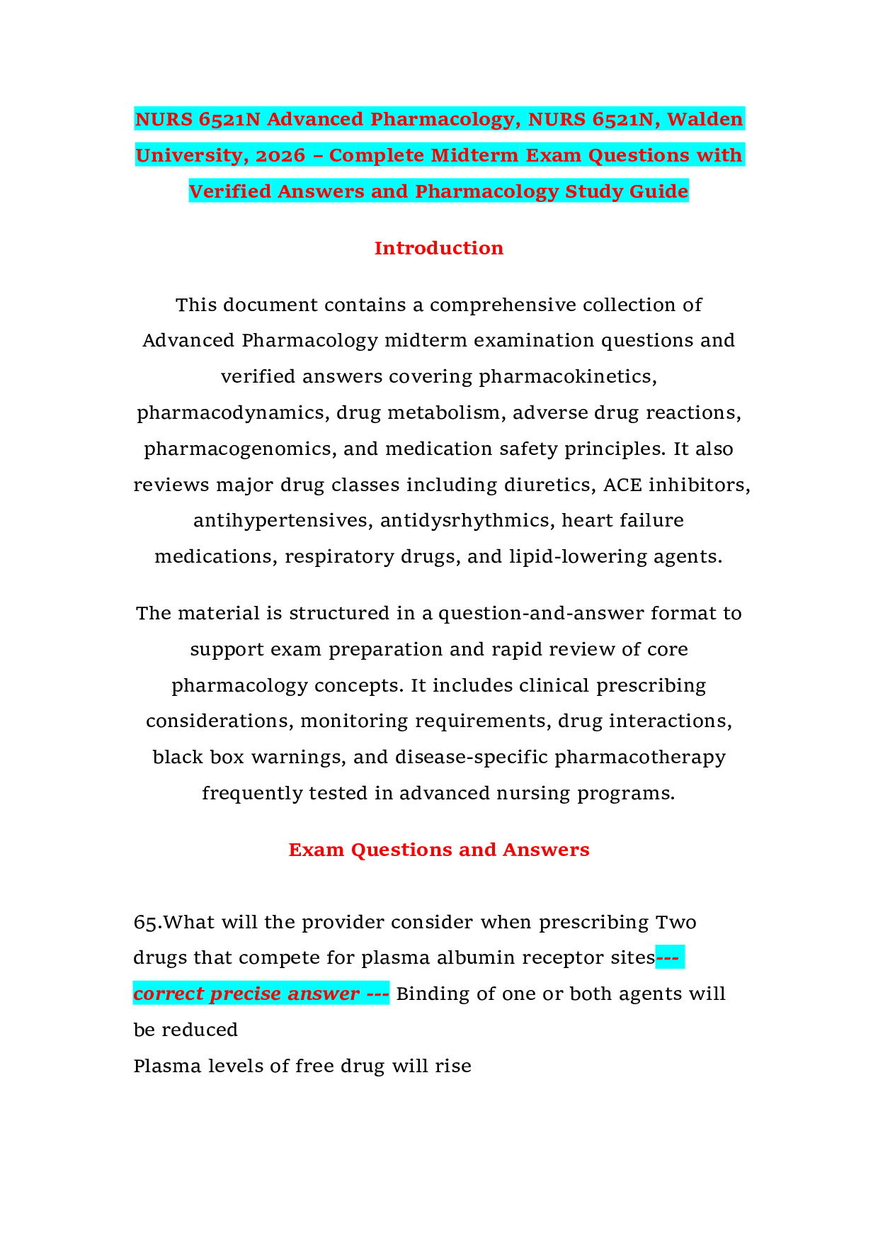 NURS 6521N Advanced Pharmacology, NURS 6521N, Walden University, 2026 – Complete Midterm Exam Questions with Verified Answers and Pharmacology Study Guide