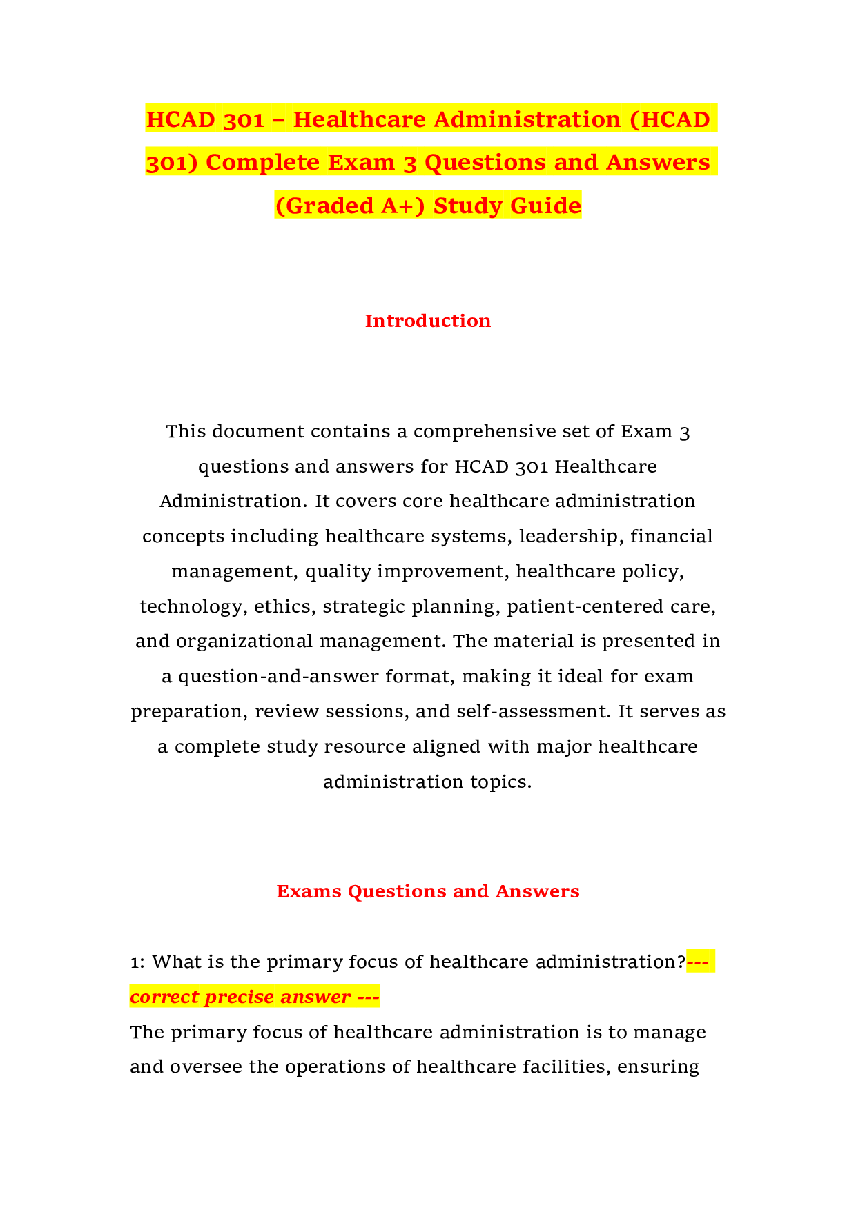 HCAD 301 – Healthcare Administration (HCAD 301) Complete Exam 3 Questions and Answers (Graded A+) Study Guide