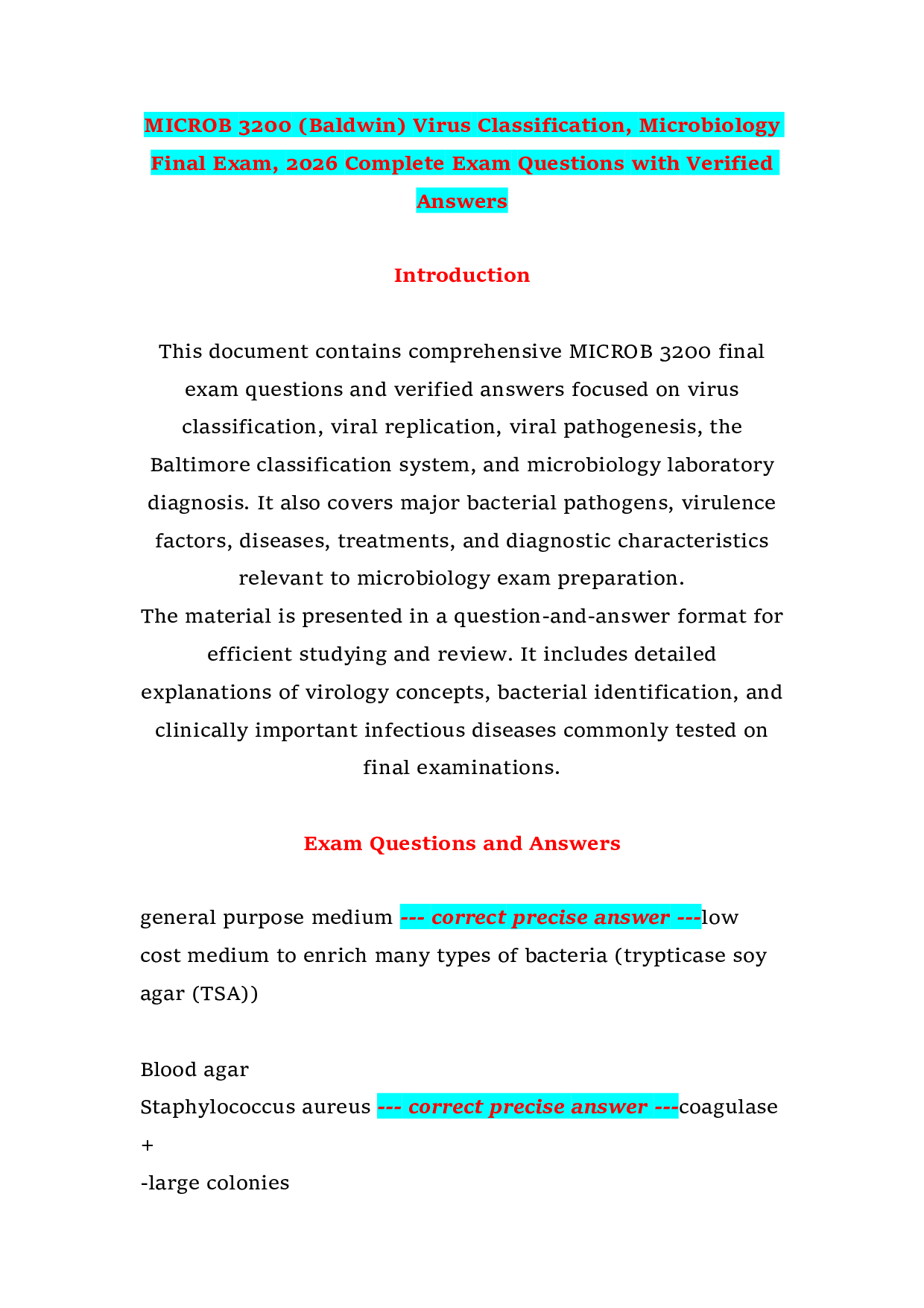 MICROB 3200 (Baldwin) Virus Classification, Microbiology Final Exam, 2026 Complete Exam Questions with Verified Answers