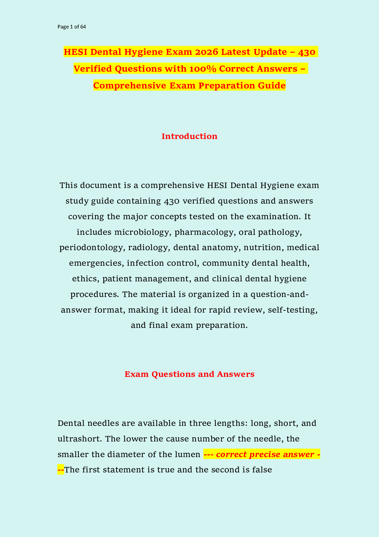 HESI Dental Hygiene Exam 2026 Latest Update – 430 Verified Questions with 100% Correct Answers – Comprehensive Exam Preparation Guide