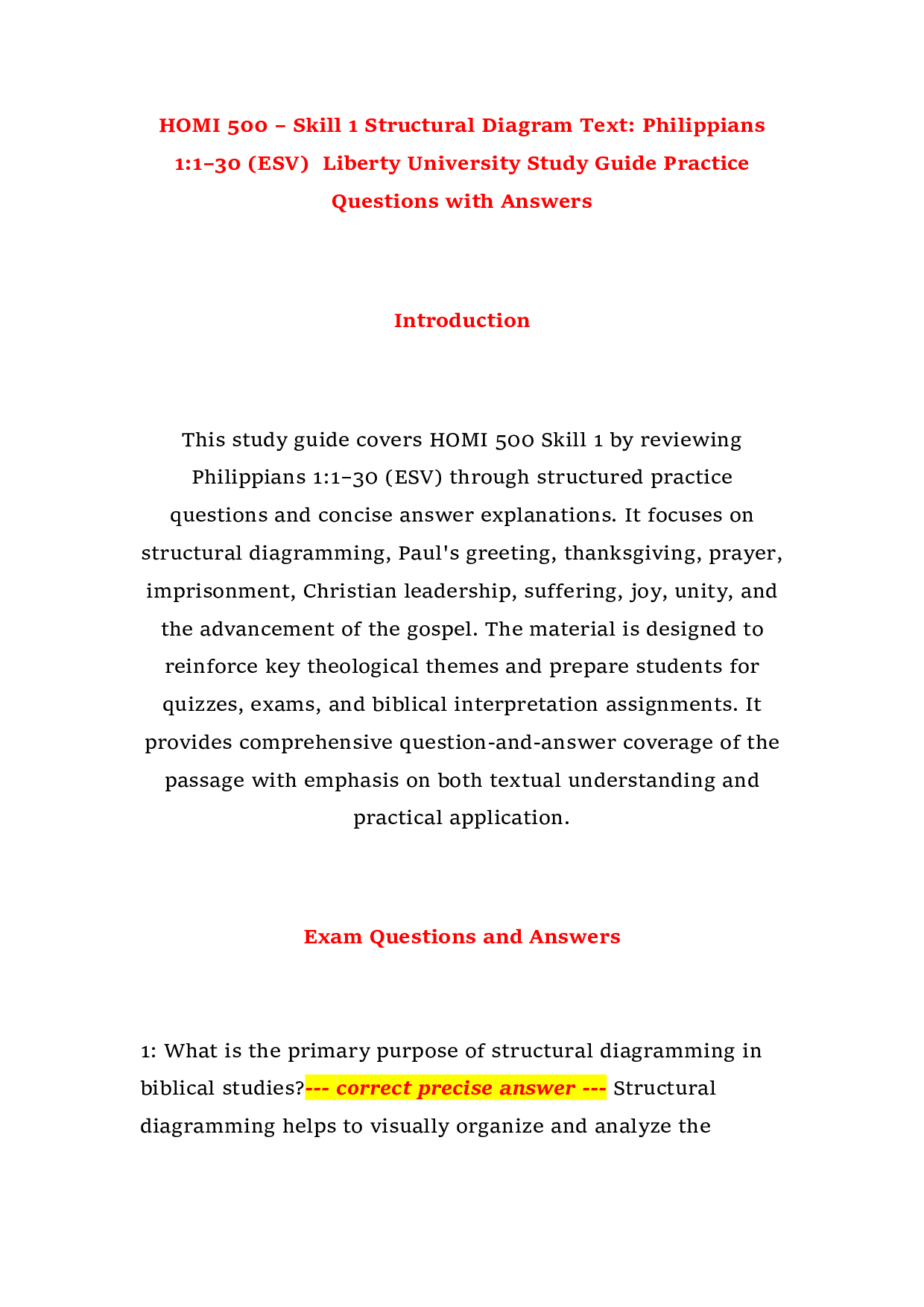 HOMI 500 – Skill 1 Structural Diagram Text: Philippians 1:1–30 (ESV)  Liberty University Study Guide Practice Questions with Answers