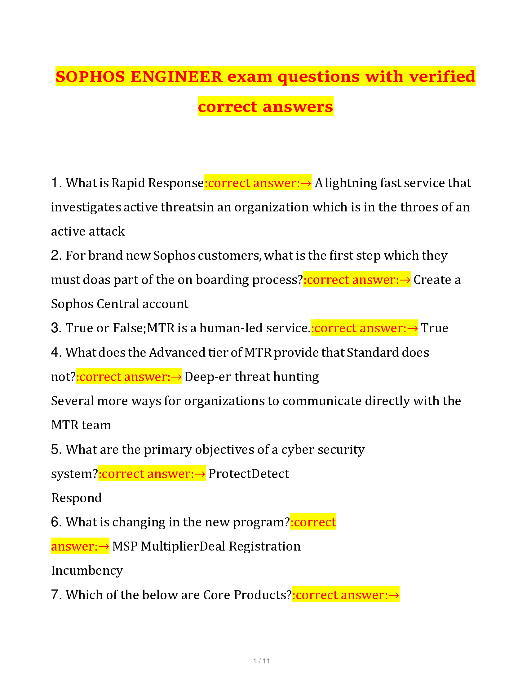 SOPHOS ENGINEER exam questions with verified correct answers