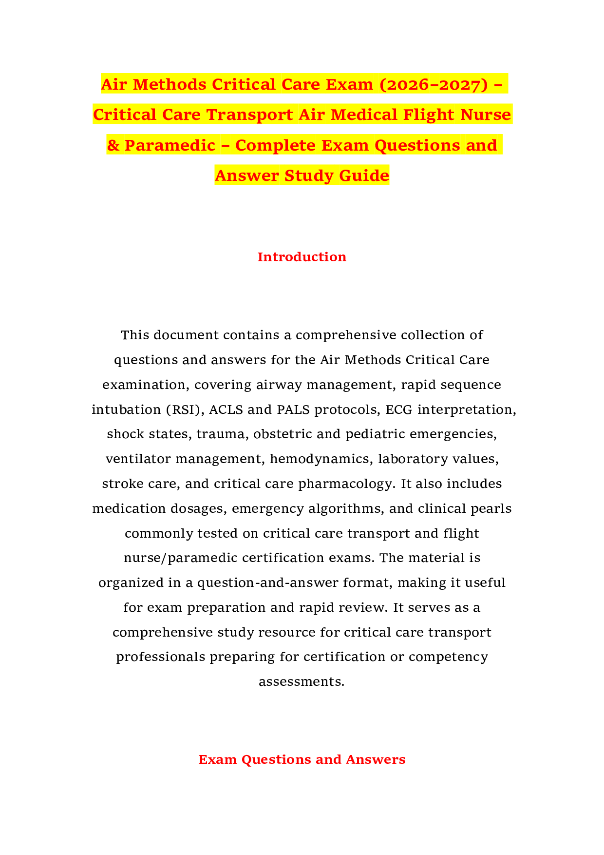 Air Methods Critical Care Exam (2026–2027) – Critical Care Transport Air Medical Flight Nurse & Paramedic – Complete Exam Questions and Answer Study Guide