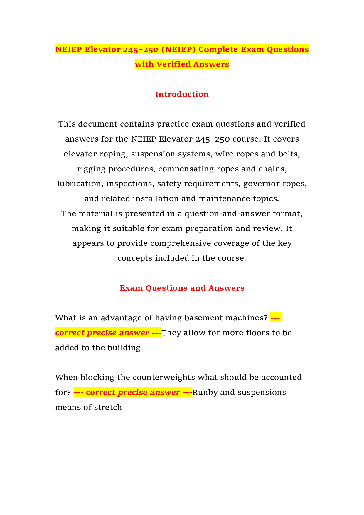 NEIEP Elevator 245–250 (NEIEP) Complete Exam Questions with Verified Answers