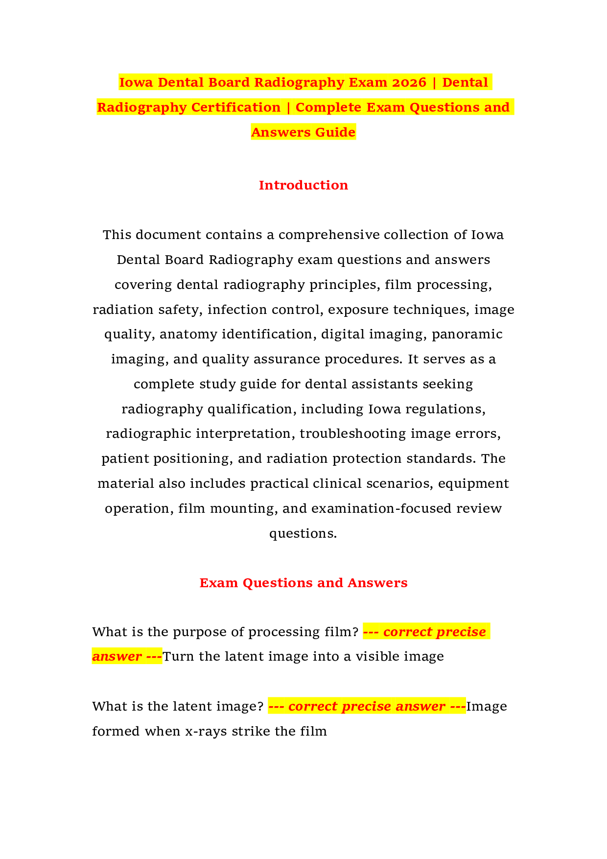 Iowa Dental Board Radiography Exam 2026 | Dental Radiography Certification | Complete Exam Questions and Answers Guide