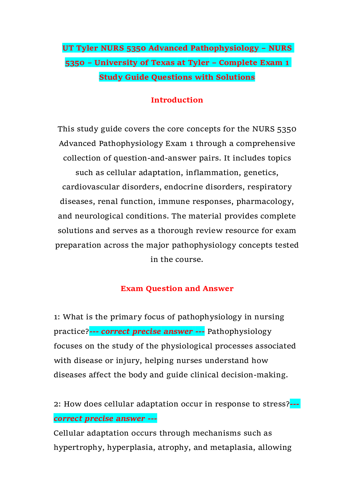 UT Tyler NURS 5350 Advanced Pathophysiology – NURS 5350 – University of Texas at Tyler – Complete Exam 1 Study Guide Questions with Solutions