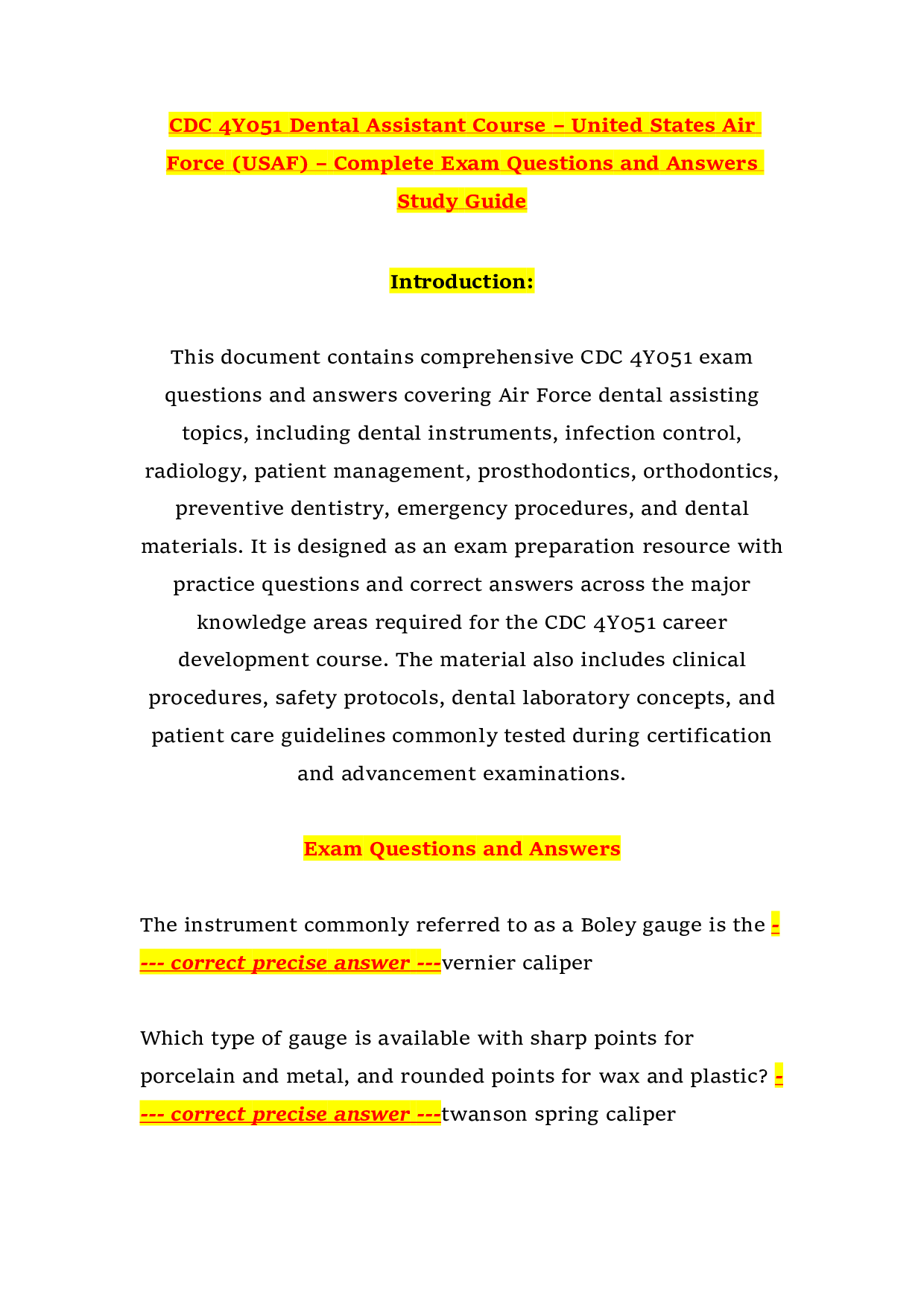 CDC 4Y051 Dental Assistant Course – United States Air Force (USAF) – Complete Exam Questions and Answers Study Guide